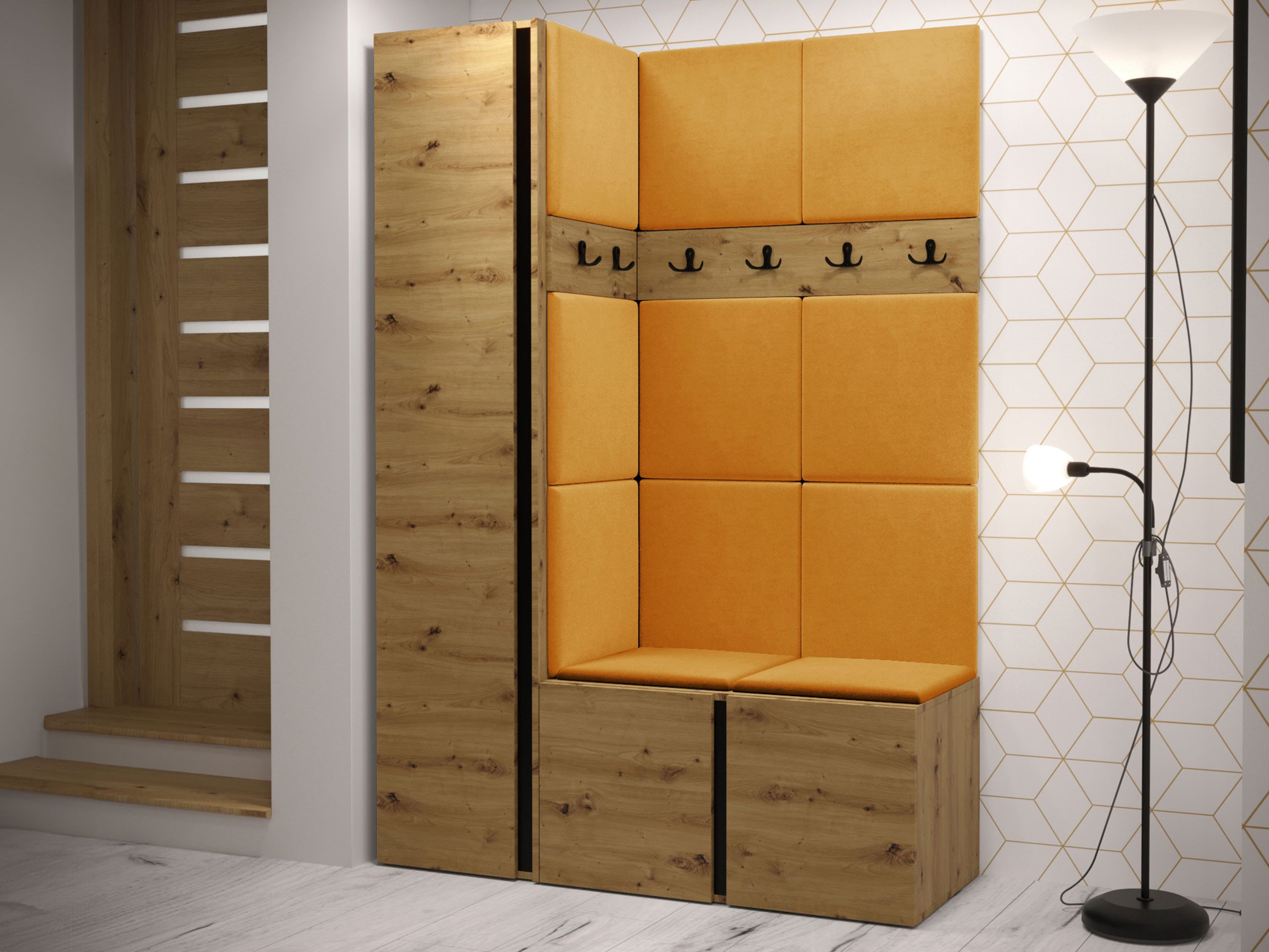 MIRJAN24 Garderoben-Set Orion IX, (Komplett-Set, mit Schuhschrank, Schrank, 2x Kleiderhakenbrett, Paneel 11x 42x42), Auswahl aus Fronten und Polsterplatten