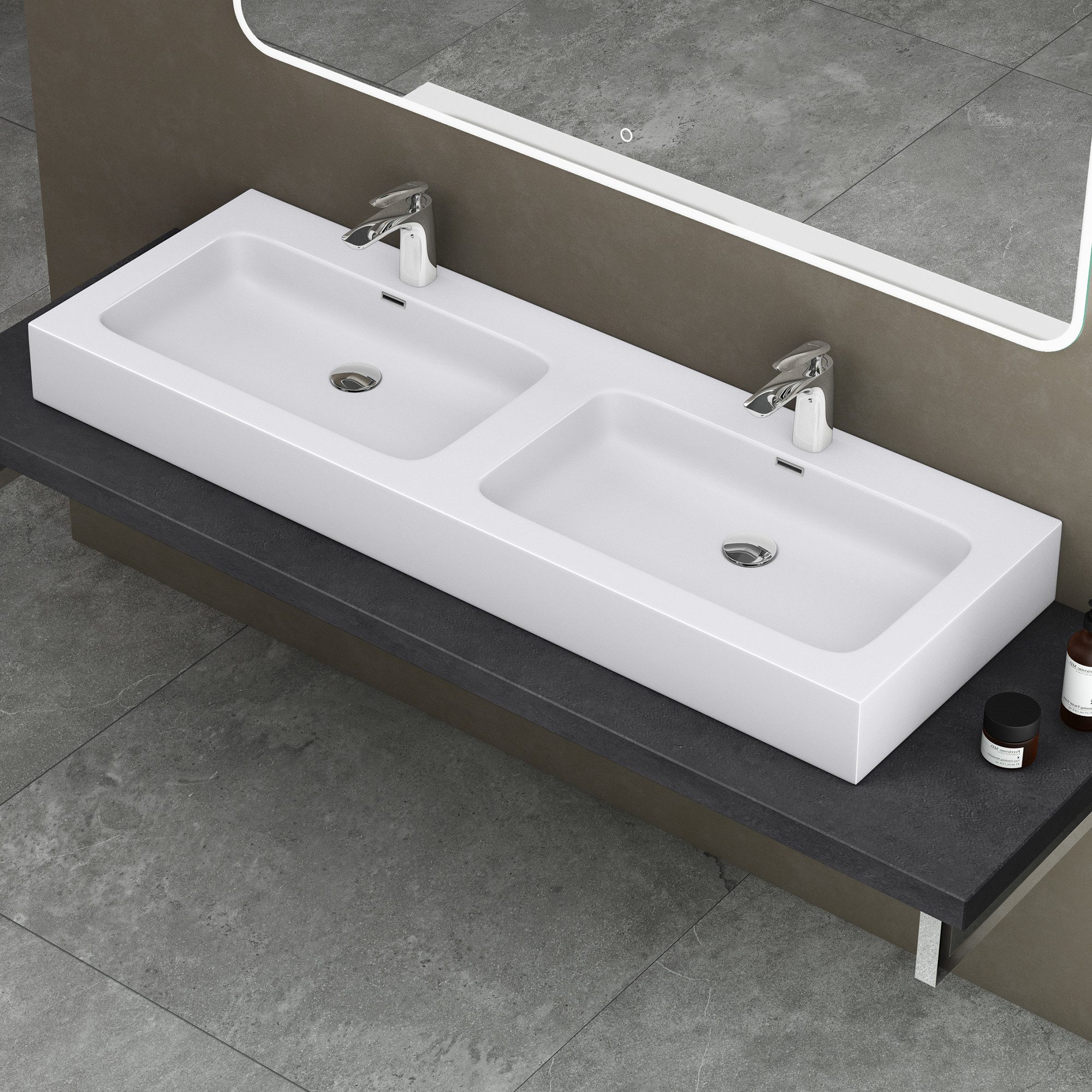 doporro Waschbecken Waschtisch Doppelwaschbecken Mineralguss BTH: 140x48x13 Colossum830