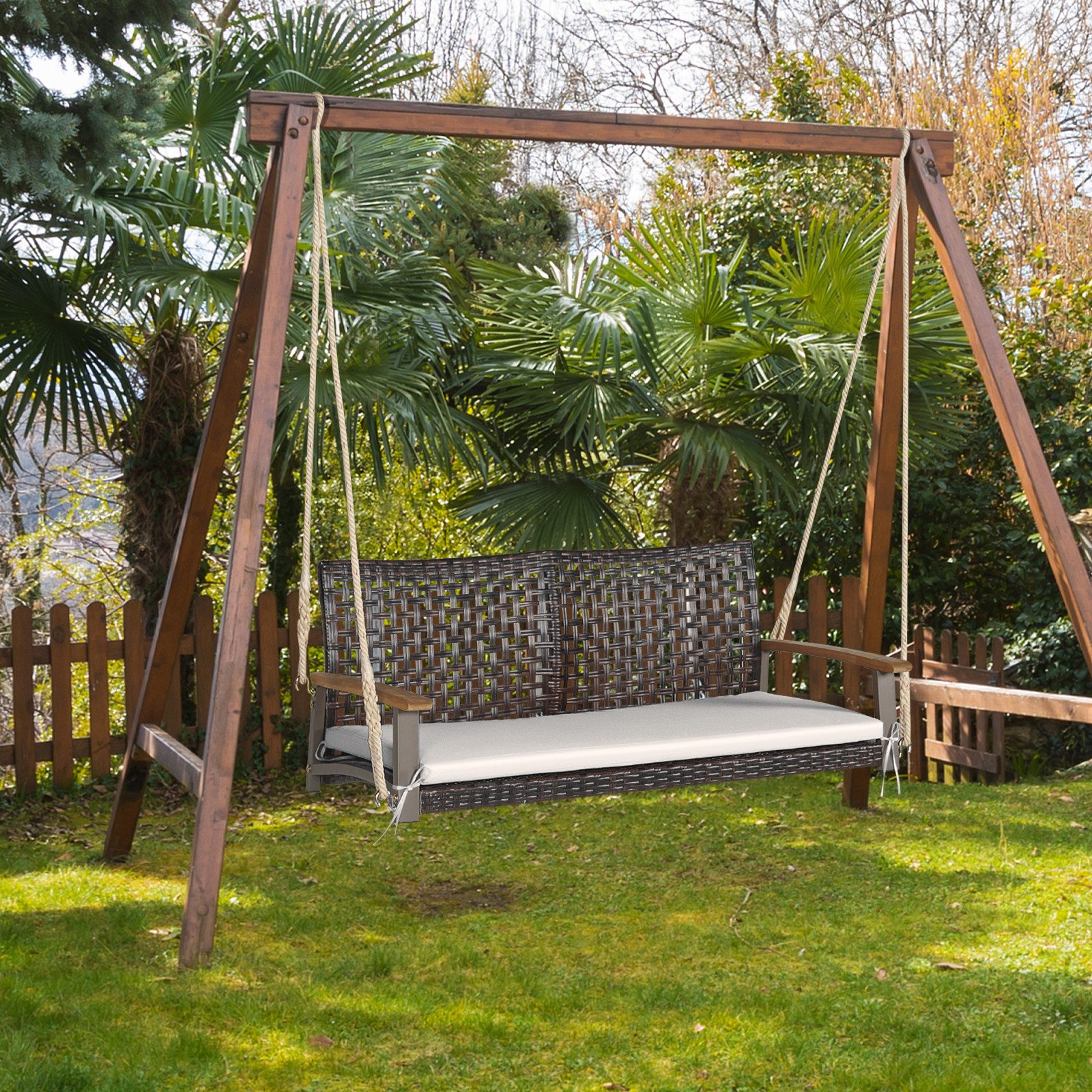 KOMFOTTEU Hängesessel, aus PE-Rattan, 2-Sitzer, Outdoor-Schaukel mit weichem Kissen