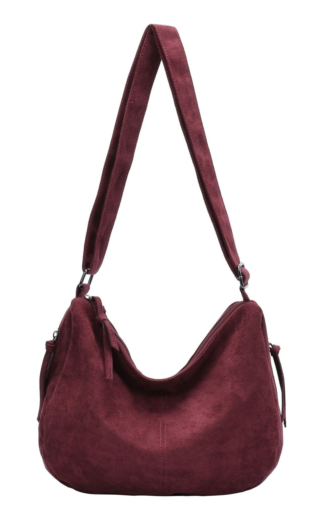 ITALYSHOP24 Schultertasche Damen Tasche Crossbody Shopper Umhängetasche BodyBag Samt Freizeit Bag, 2xFach Fächer Henkeltasche Wildleder-Optik Hobo Bag Beutel City Bag