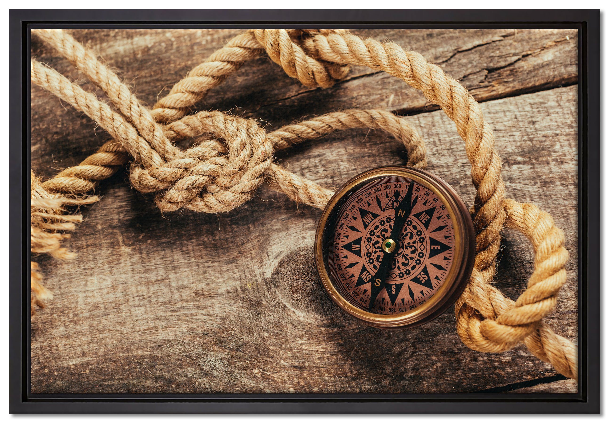 Pixxprint Leinwandbild Schiffseil und Kompass, Wanddekoration (1 St), Leinwandbild fertig bespannt, in einem Schattenfugen-Bilderrahmen gefasst, inkl. Zackenaufhänger