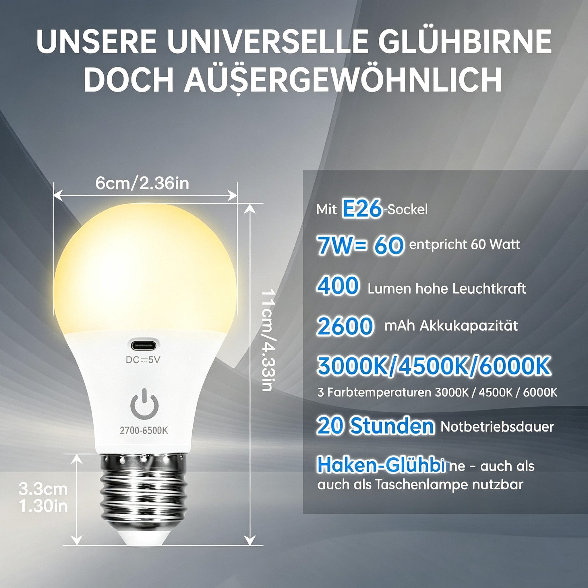 Kimjo LED-Leuchte wiederaufladbare 7W E27 LED-Glühbirne mit USB-C-Ladung (1 St), dimmbar, Fernbedienung mit Timer & Touch, Notlicht für draußen