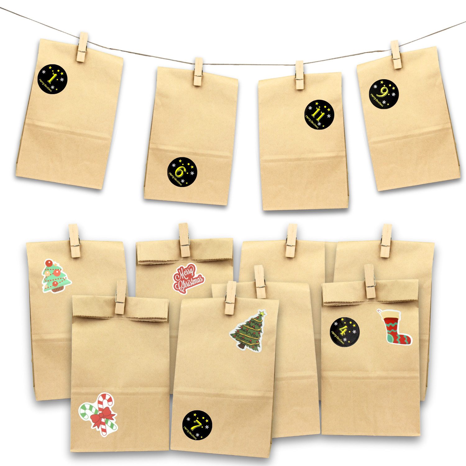 Fomax DIY-Adventskalender zum Befüllen, Komplettes SET mit Papiertüten, Klammern und Stickern, Weihnachtskalender selber machen, wiederverwendbar
