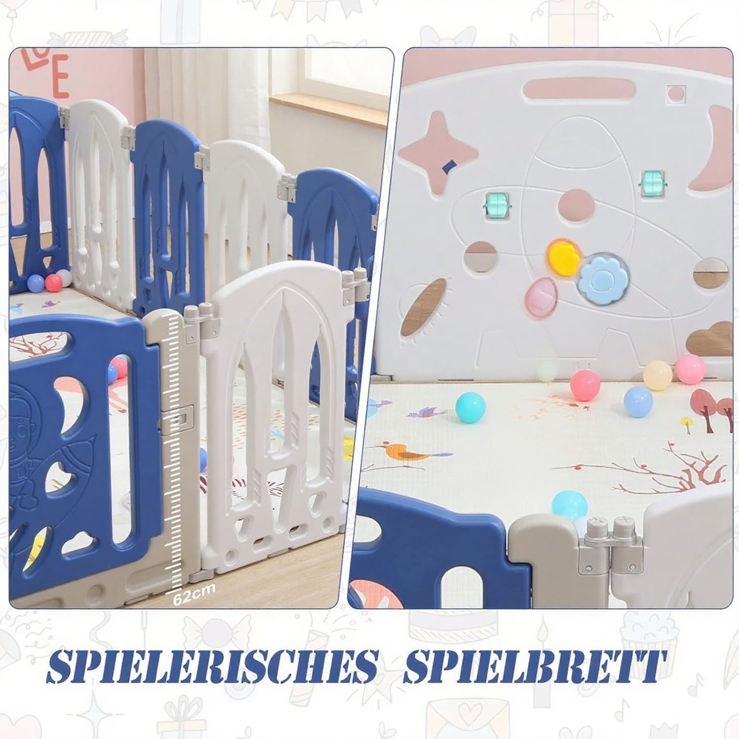 AIMAX Laufgitter Baby Laufstall Faltbarer Basketballkorb Absperrgitter (16-tlg), mit Spielzeugtafel & Türtafel Krabbelgitter Rutschfester