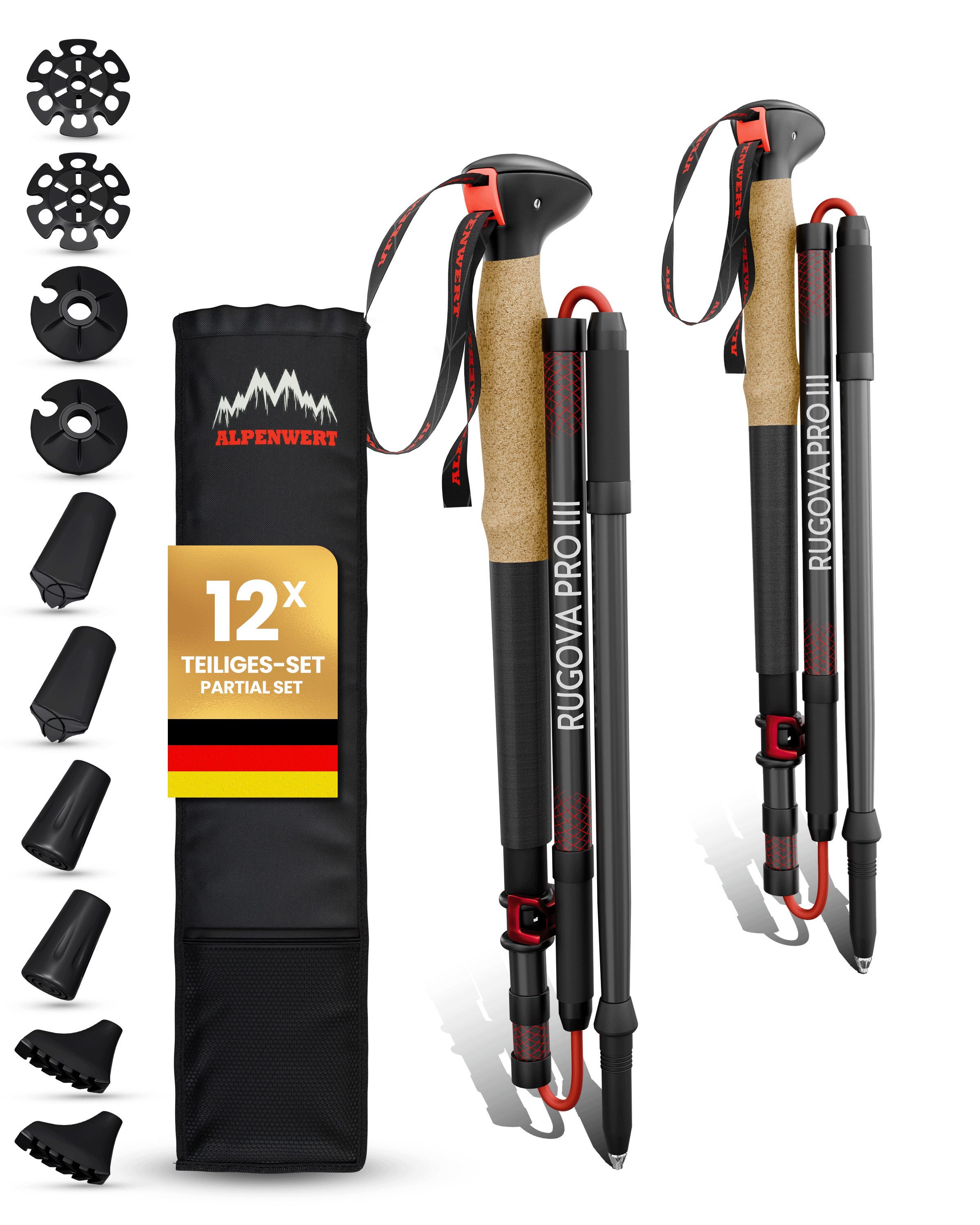 Alpenwert Wanderstöcke faltbar Nordic Walking Stöcke Damen Herren Trekkingstöcke Trekking (NEUHEIT, 12 Teiliges Set), Wanderstöcke Faltbar