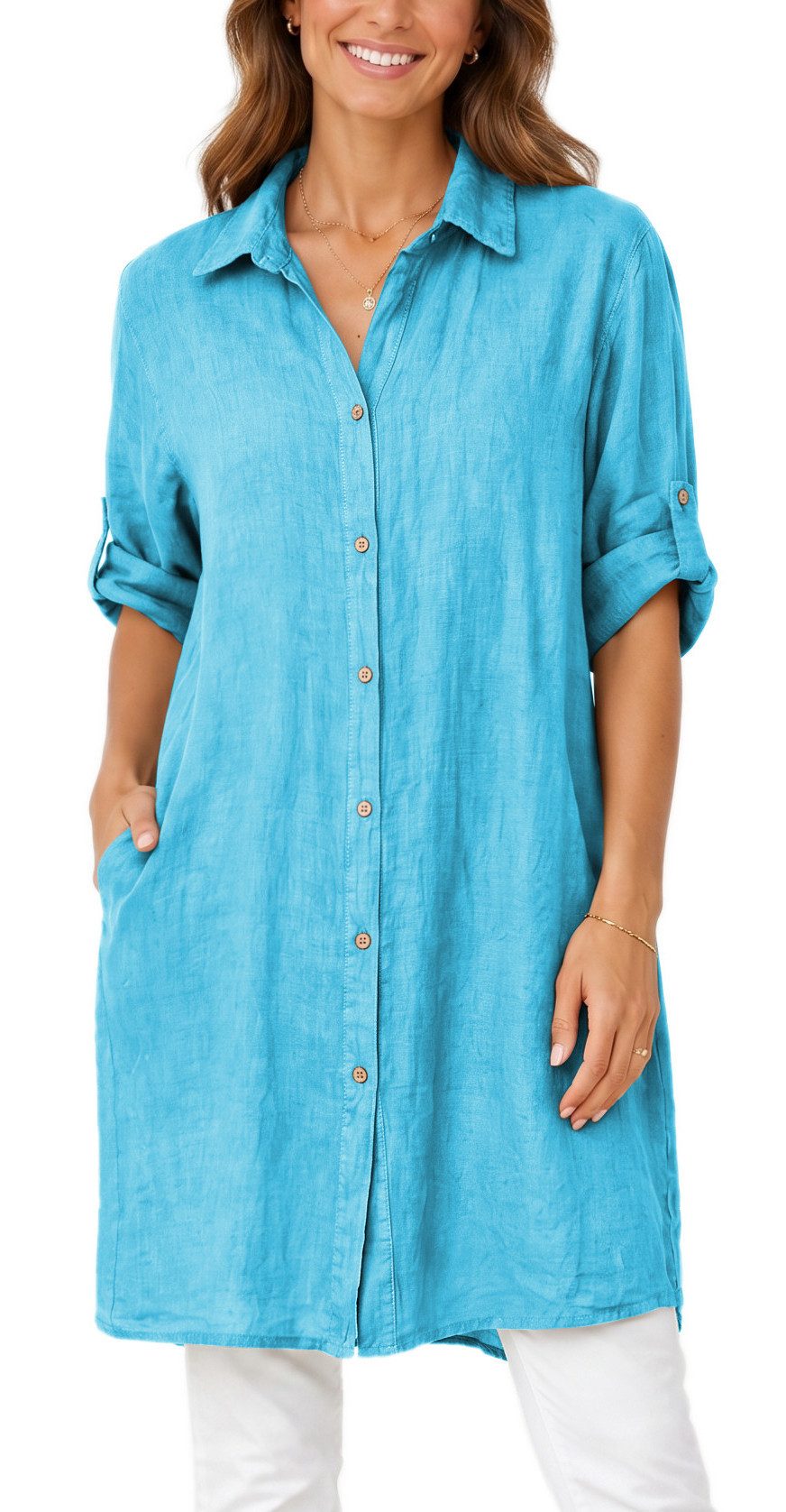 dy_mode Longbluse Damen Leinen Longbluse Sommer Hemdbluse Blusenkleid Luftige Tunika in Unifarbe, mit Knopfleiste