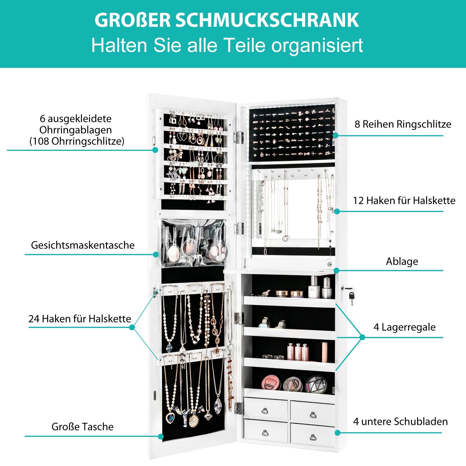 COSTWAY Schmuckschrank mit LED & Ganzkörperspiegel & 4 Schubladen & 4 Regale