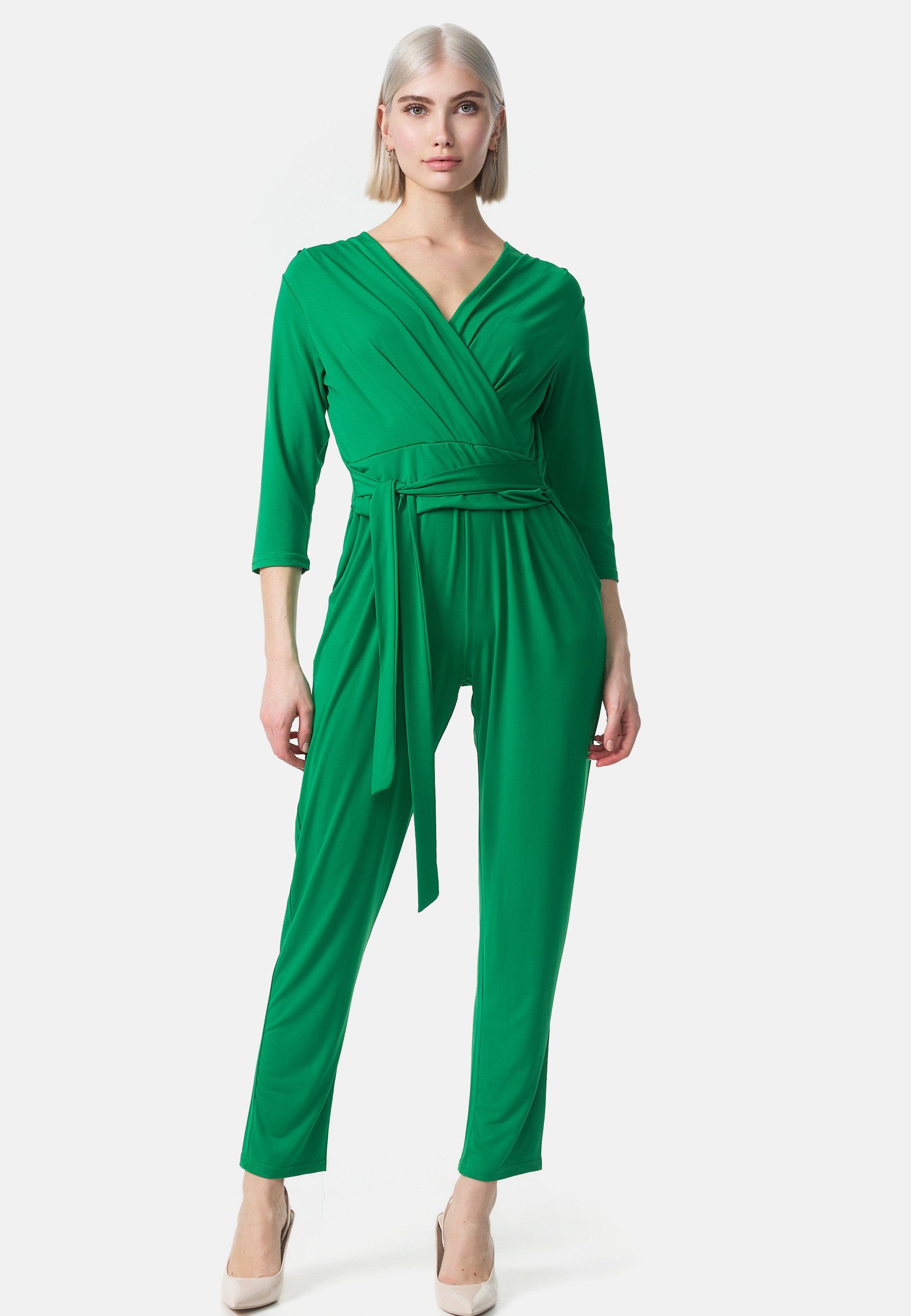 (Business SELECTED 3/4 PM Ärmel PM-35 Overall Jumpsuit Wickeloptik Bindegürtel Einheitsgröße) mit Grün