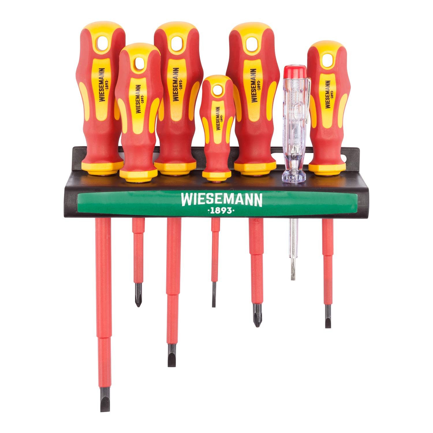 Wiesemann1893 Schraubendreher, (Set, 7 St., 7-teiliges VDE Schraubendreher Set inkl. Spannungsprüfer), Isoliert bis 1.000 Volt, TÜV-GS geprüft