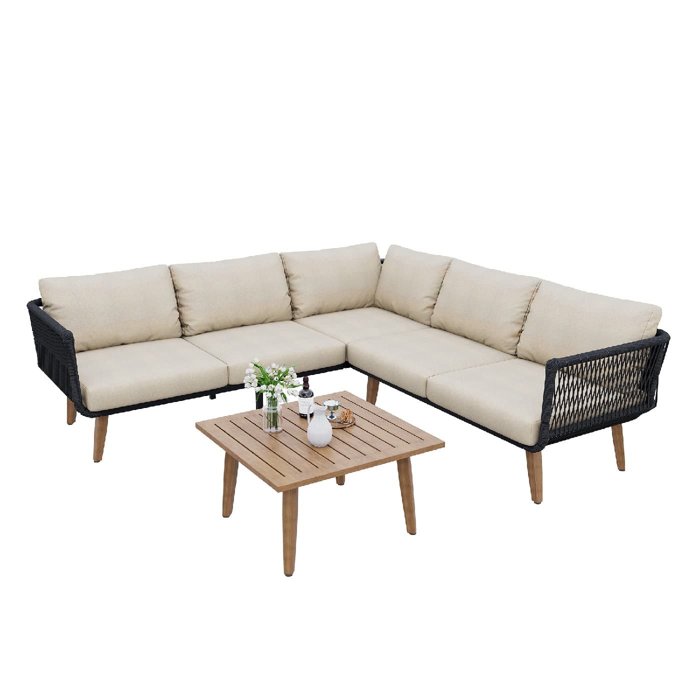 autolock Gartenlounge-Set Gartenmöbel-Set,Sofa + Couchtisch,verzinktes Stahlrohr,Olefin, Tischplatte in Holzmaserungsfarbe,geflochtenes Seilhandwerk