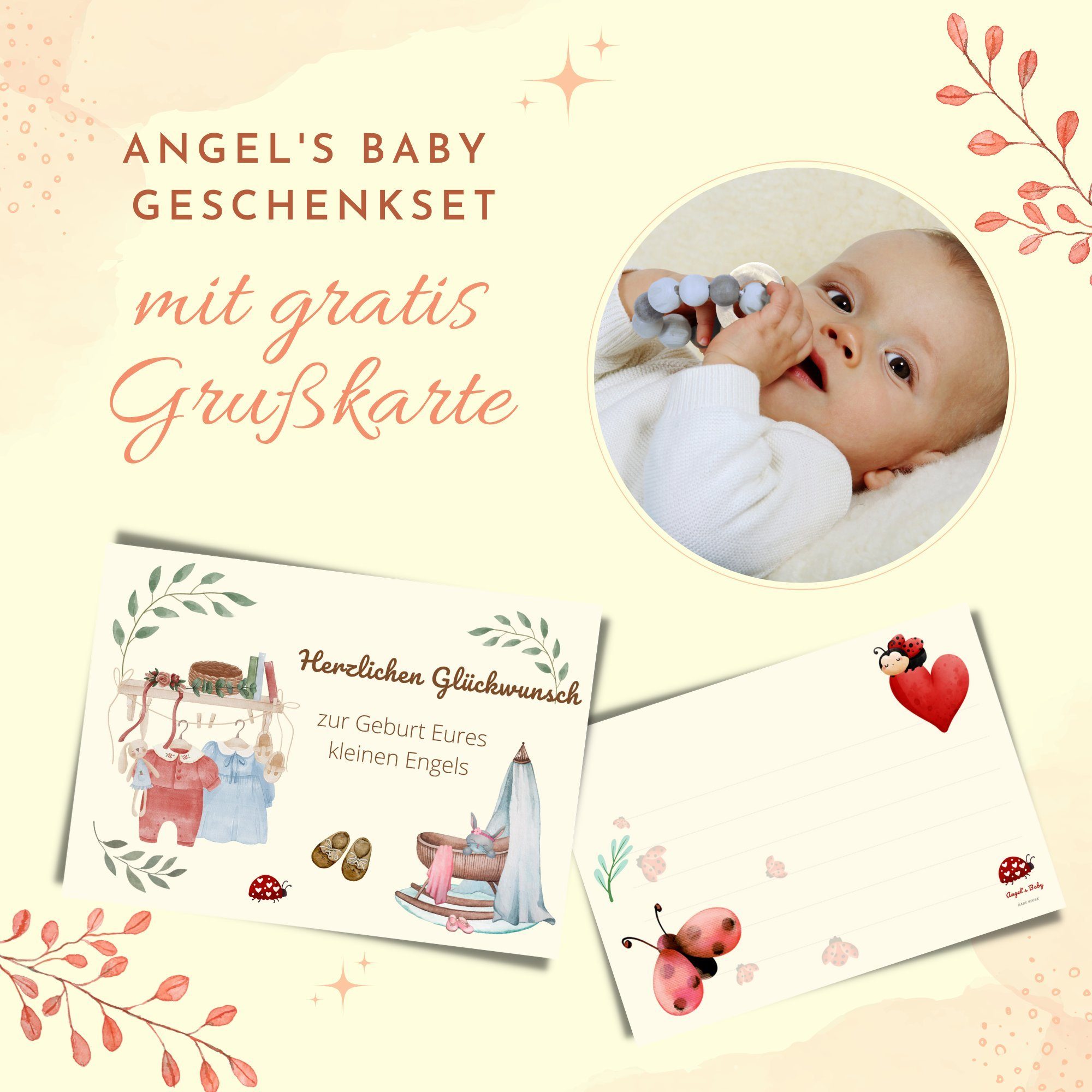 Neugeborenen-Geschenkset Geburt Beißring zur Grußkarte, Geschenk Baby Beige gratis + Grußkarte) Schnuffeltuch, (Set, mit Geschenkverpackung 4 + Teile Geschenkbox mit Angel's