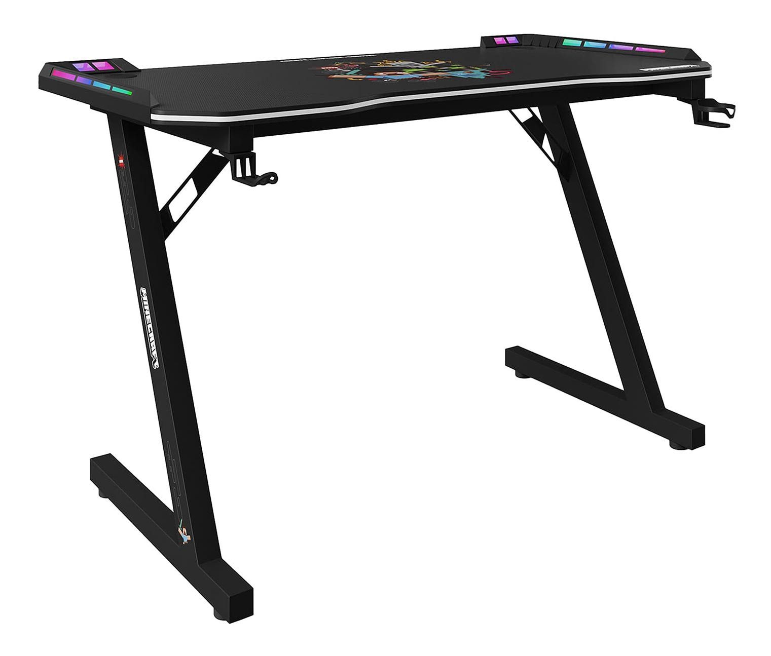Minecraft Gamingtisch mit LED - schwarze Tischplatte in Carbonoptik mit Minecraft Print, stabiles Metallgestell - Halterungen für Kopfhörer und Getränke