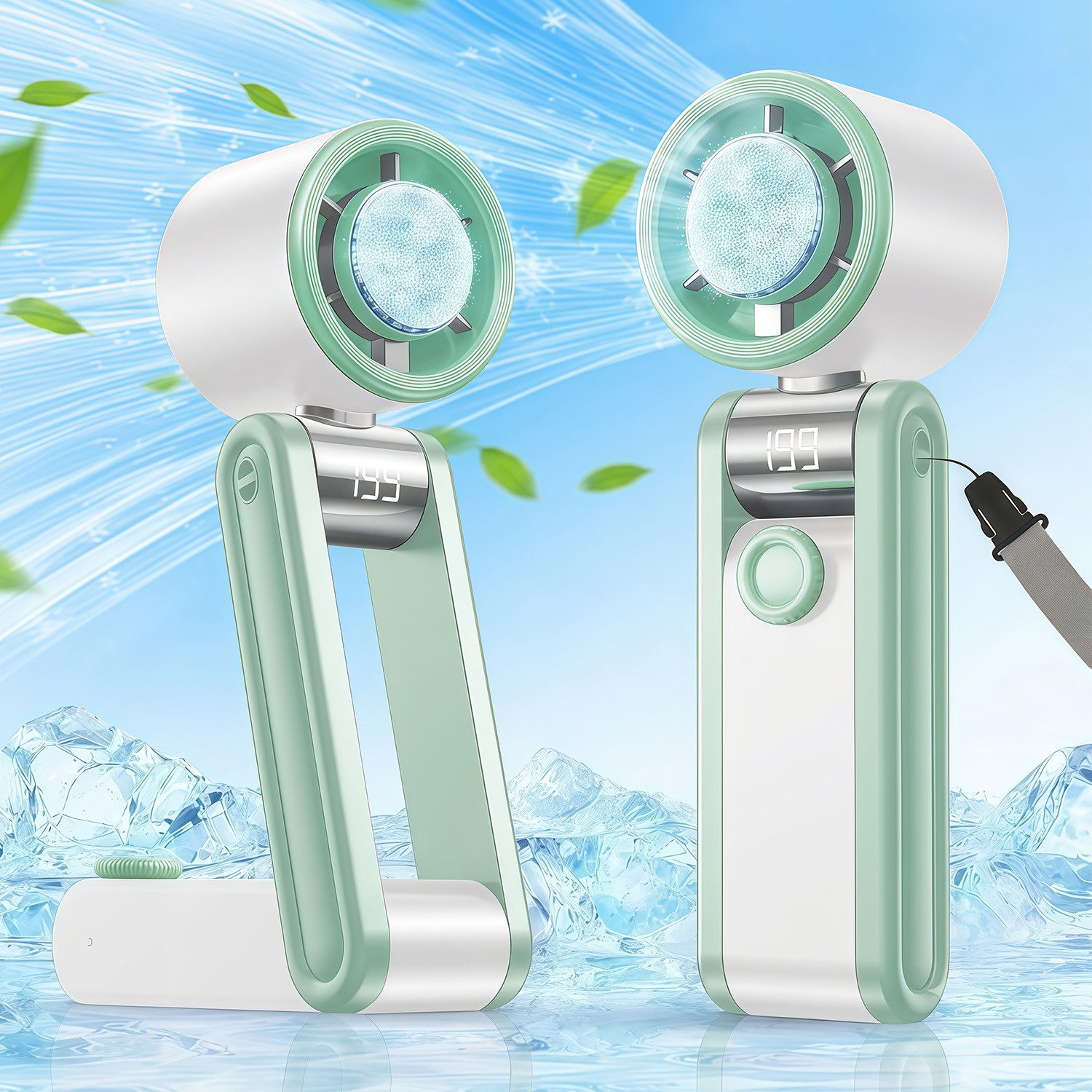 MOPUEA Handventilator Mini Handventilator Turbo-Ventilator mit Eiskühler 199 Stufen Tragbar, Tischventilator Taschenventilator Faltbar Geschwindigkeit(1–199) klein