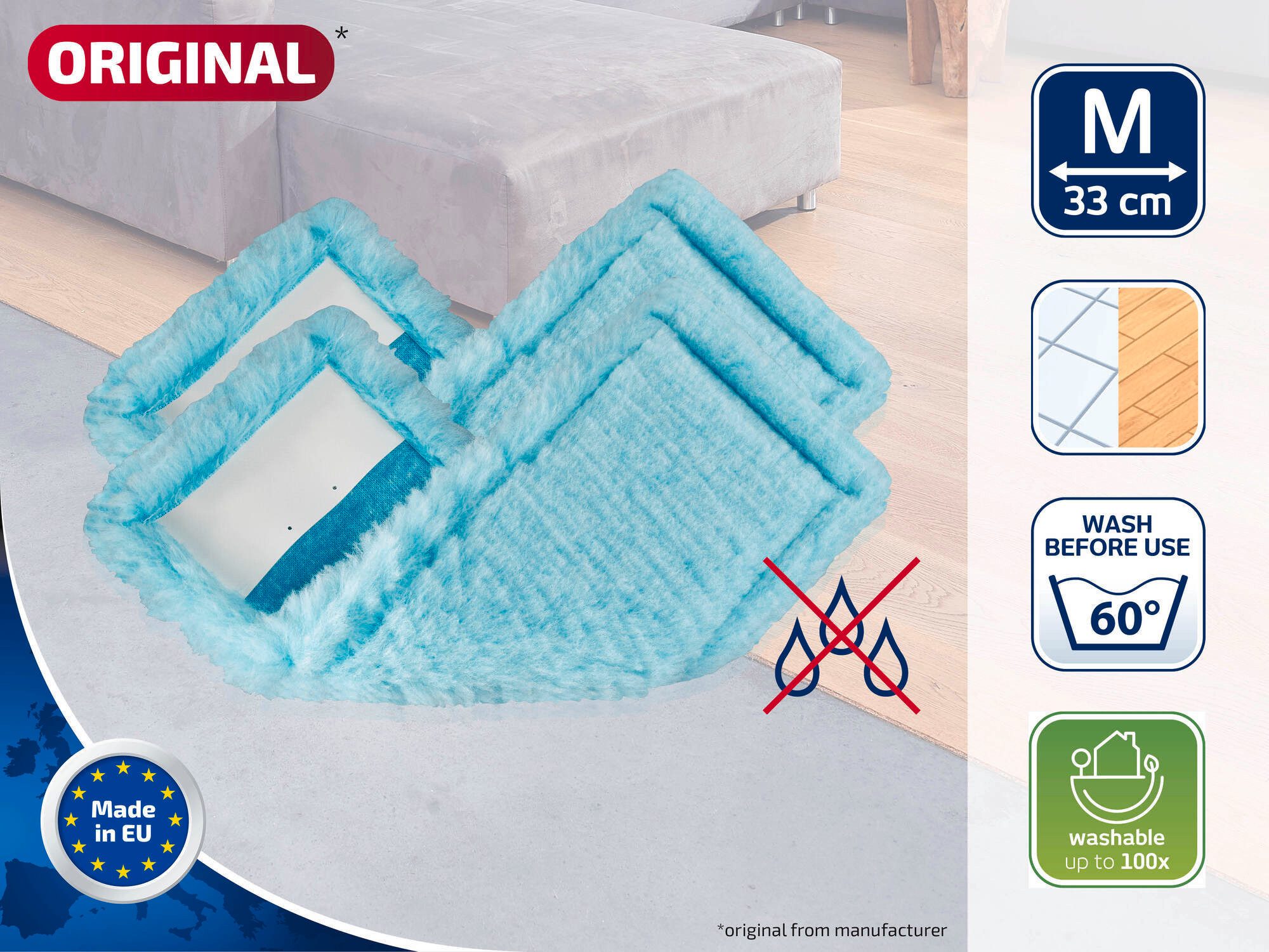 Leifheit 2er Set Wischbezug CLEAN TWIST M Ergo / POWER CLEAN M static plus Wischbezug (Kunstfaser, 16.0x39.0 cm, 2-tlg., Waschbar bei 40°C, Wischbreite 33cm, für alle glatten Böden)