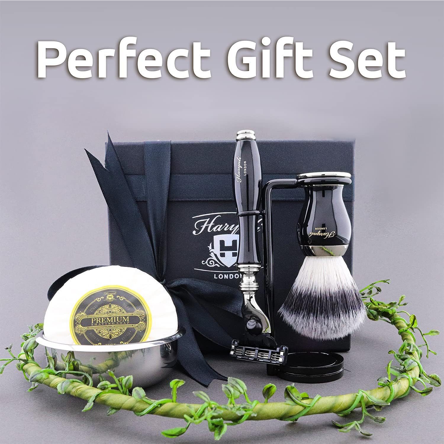 Haryali London Rasierset Premium Mach3 Herren-Rasier-Set, Schwarz mit Pinsel, Seife und Ständer, 5-teiliges Set: Rasierer, Bürste, Ständer, Seife, Schale, Luxuriöses Herrenrasierset mit Metallgehäuse und abnehmbarem Rasierer