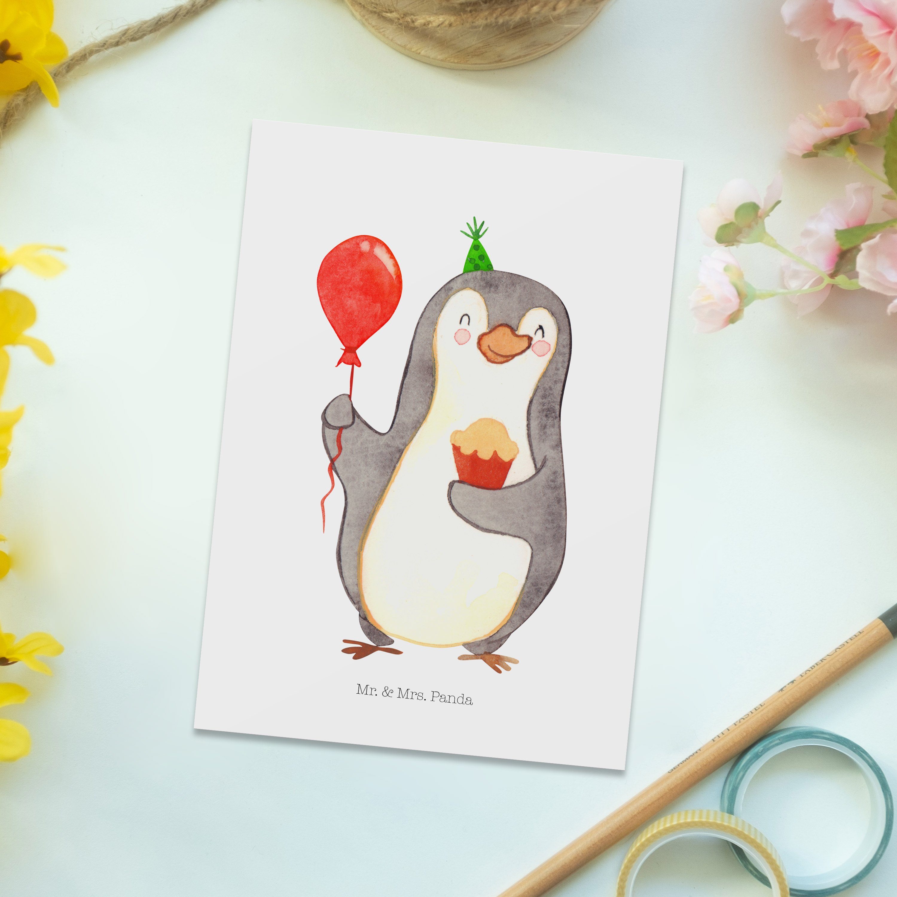 Mr. & Mrs. Panda Postkarte Pinguin Geburtstag, Postkarte, Weiß, Ansichtskarte, Party, Ansichtska, Kuchen Postkarte Feier