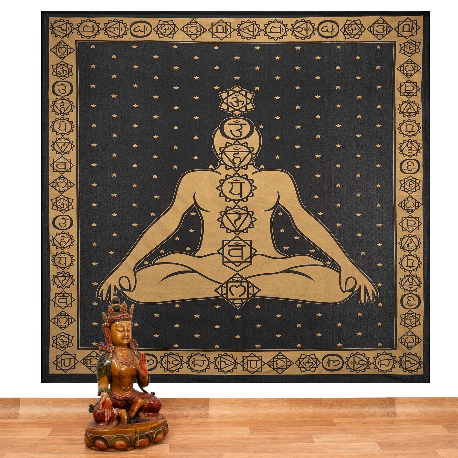 KUNST UND MAGIE Wandteppich Tagesdecke Wandbehang Deko Tuch Chakra Meditation Gold ca. 200 x 230cm