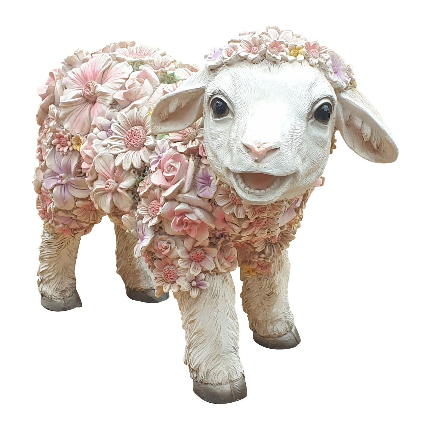 Fachhandel Plus Gartenfigur Schaf stehend mit Blumen, (1 St), Dekofigur Lamm, handbemalt, lustige Gartendeko
