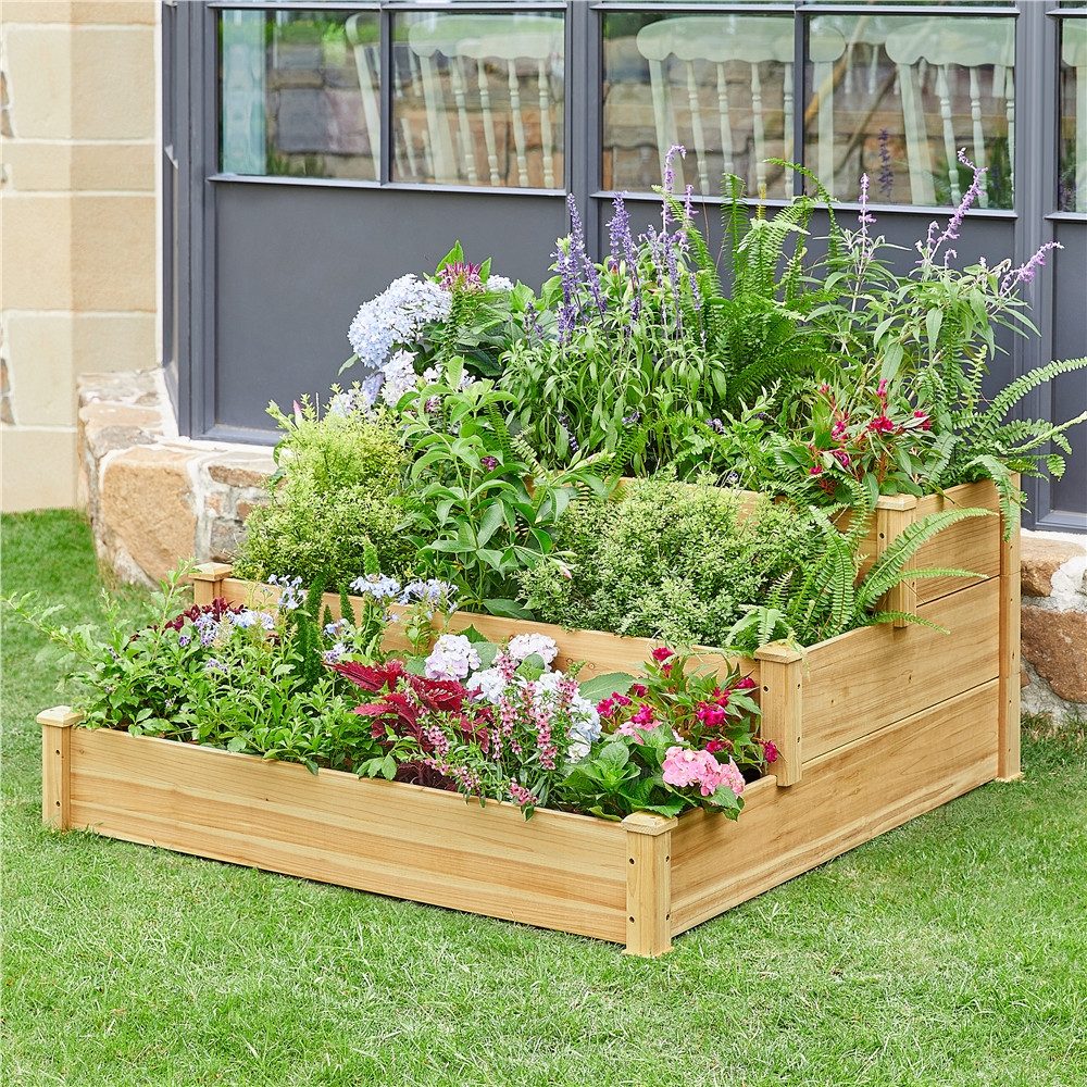 Yaheetech Hochbeet aus Tannenholz 3-Stufiges Gartenbeet für Hof/Garten/Gewächshaus, Pflanzgefäß Stufenbeet Blumenbeet 120 x 120 x 56 cm stapelbar