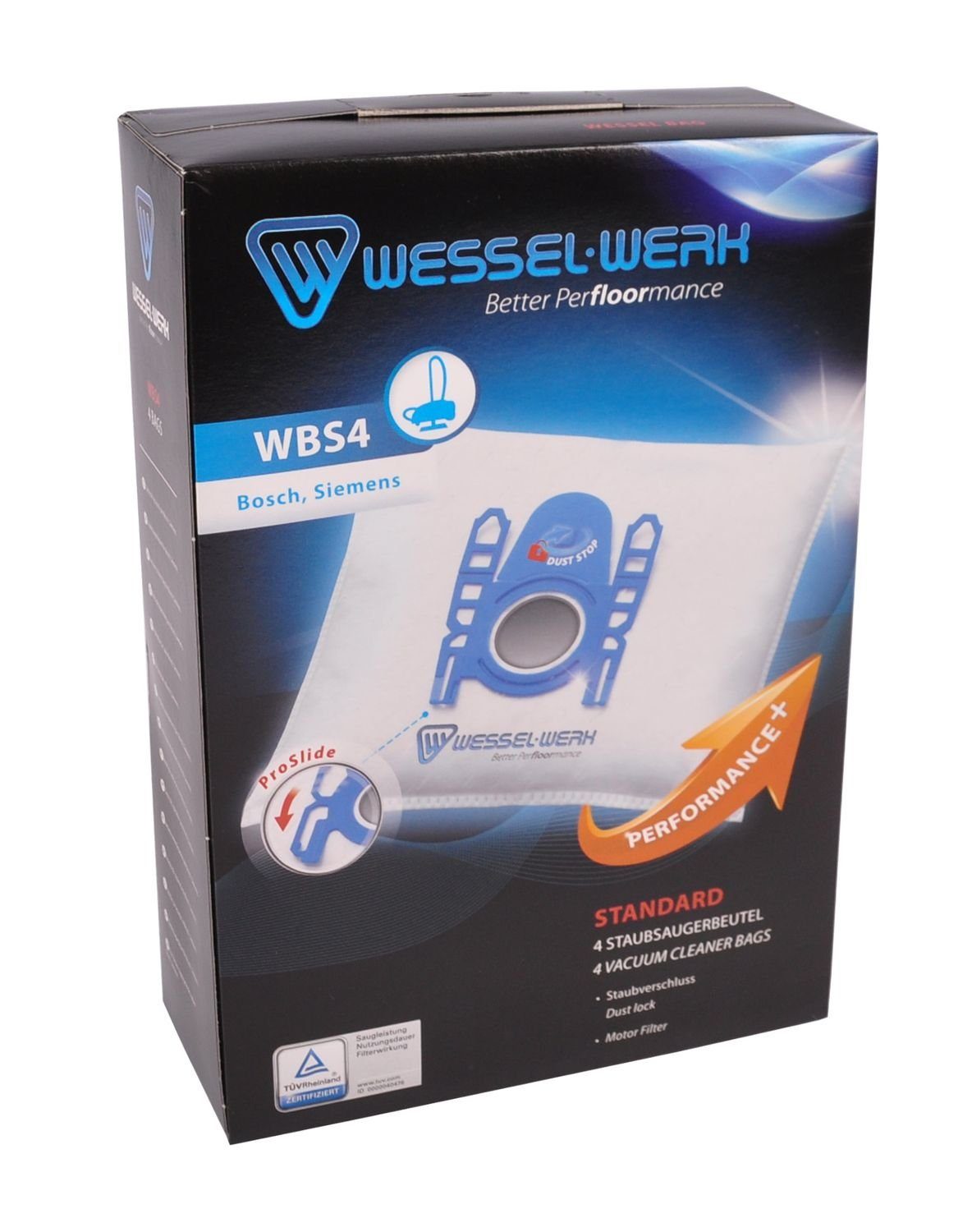 Wessel-Werk Staubsaugerbeutel 4 x,WBS4 = für Staub Bosch S73 Siemens und Staubsaugerbeutel Swirl mit