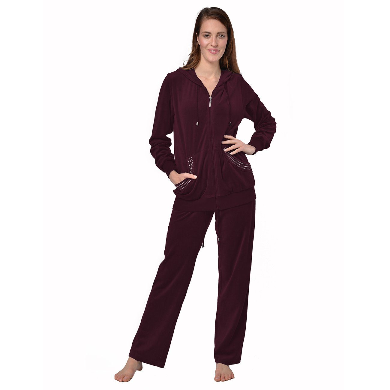 RAIKOU Hausanzug Freizeitanzug Nickianzug Fitnessanzug (80% Baumwolle smartweischer Nicki, 2teliger) mit Hellem Strasssteinen,Reißverschluss,Kapuze