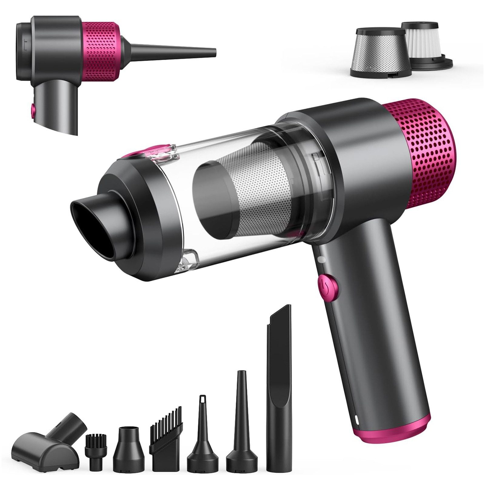 OKWISH Akku-Handstaubsauger 4-in-1 Handstaubsauger Mini Staubsauger, 50 W, beutellos, 7000Pa, mit Type-C Schnellladung Blasfunktion Vakuumkomprimierung