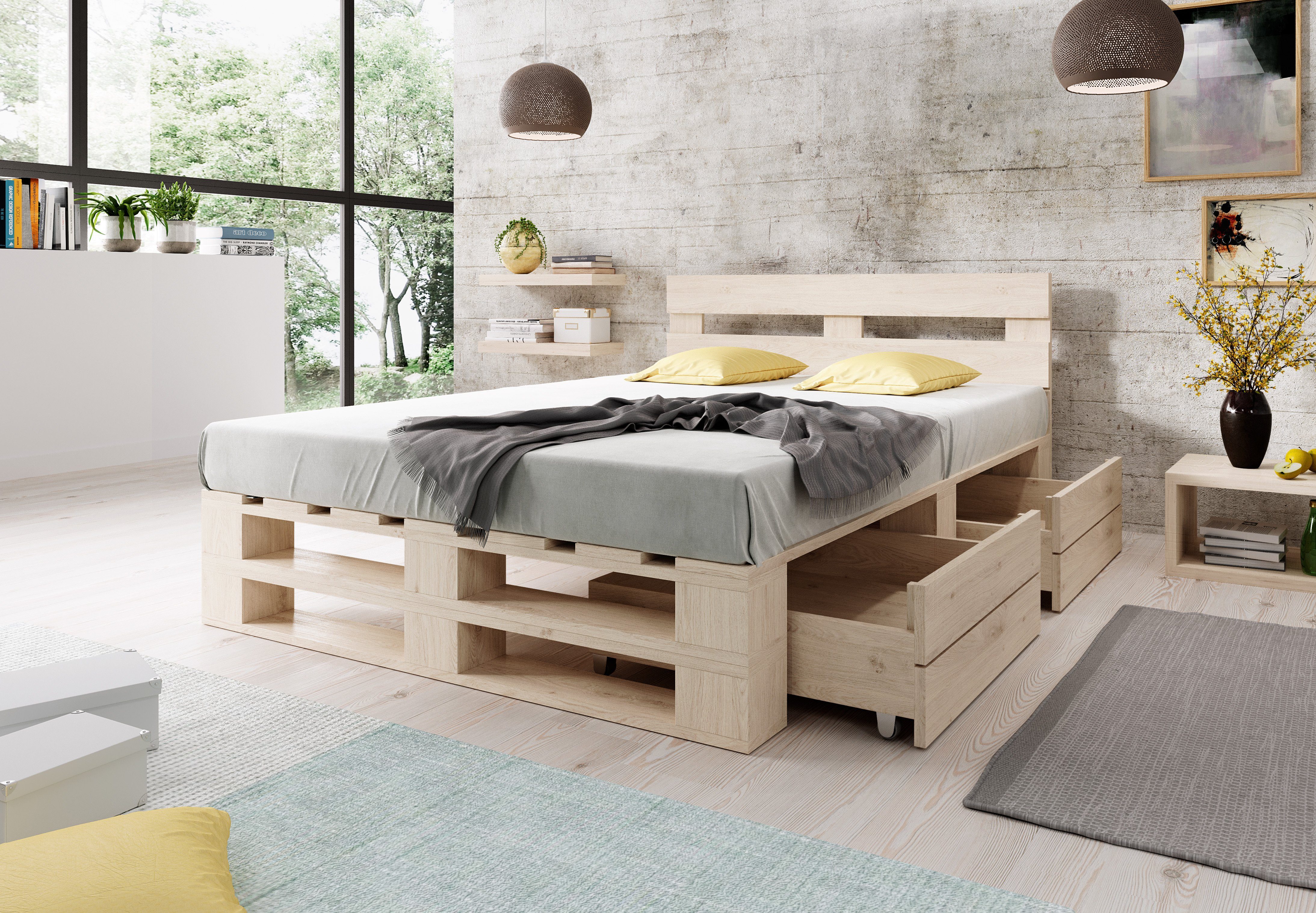 sunnypillow Palettenbett M2 aus Holz mit Kopfteil und 2 Bettkästen, 140 x 200 cm + Schubladen Natur – Bild 3 von 5