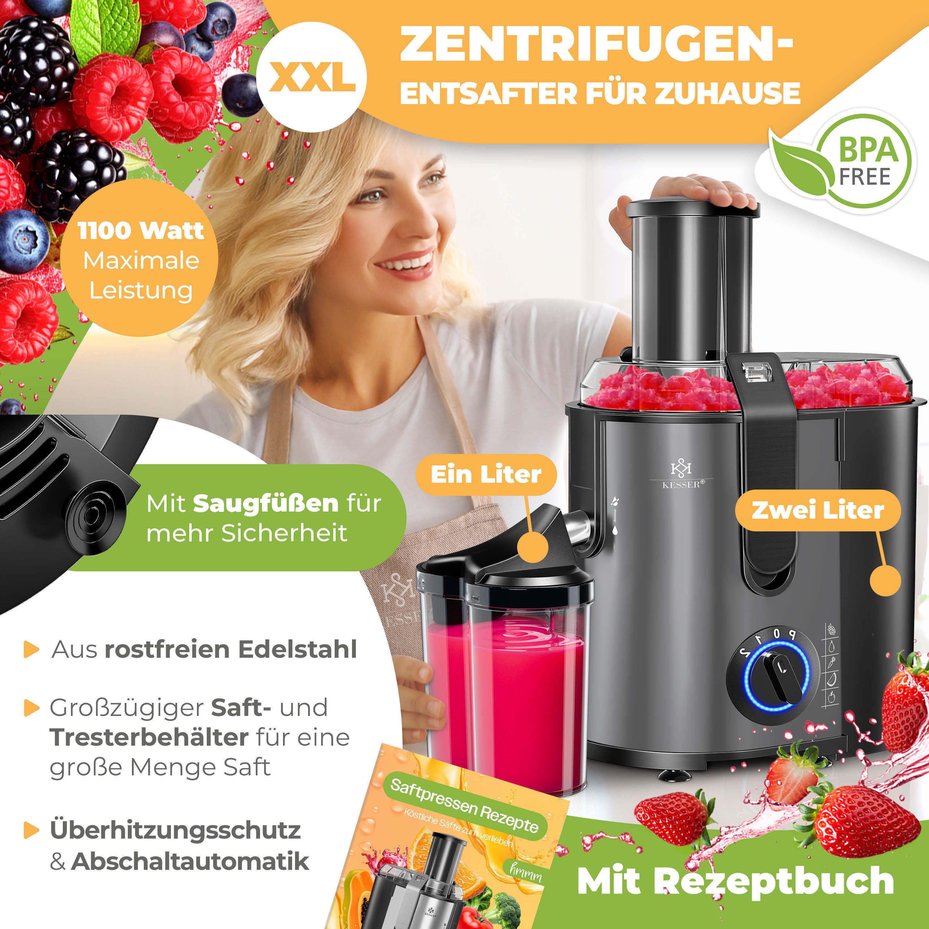 KESSER Entsafter für Obst und Gemüse aus Edelstahl Slow Juicer, 1100 W, elektrische Zentrifugal Saftpresse mit 3-Stufen