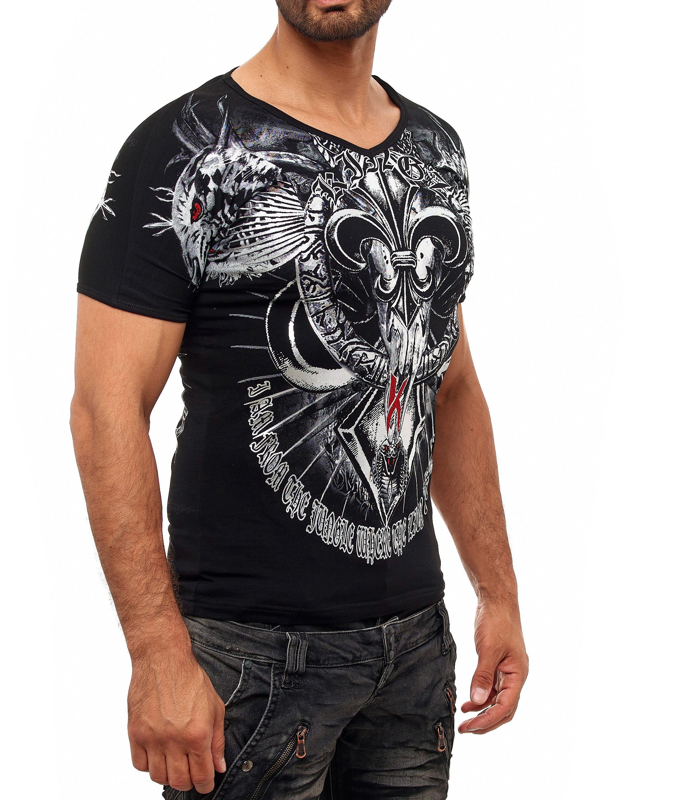 Cobra-Lilien-Print KINGZ mit ausgefallenem schwarz-silberfarben T-Shirt
