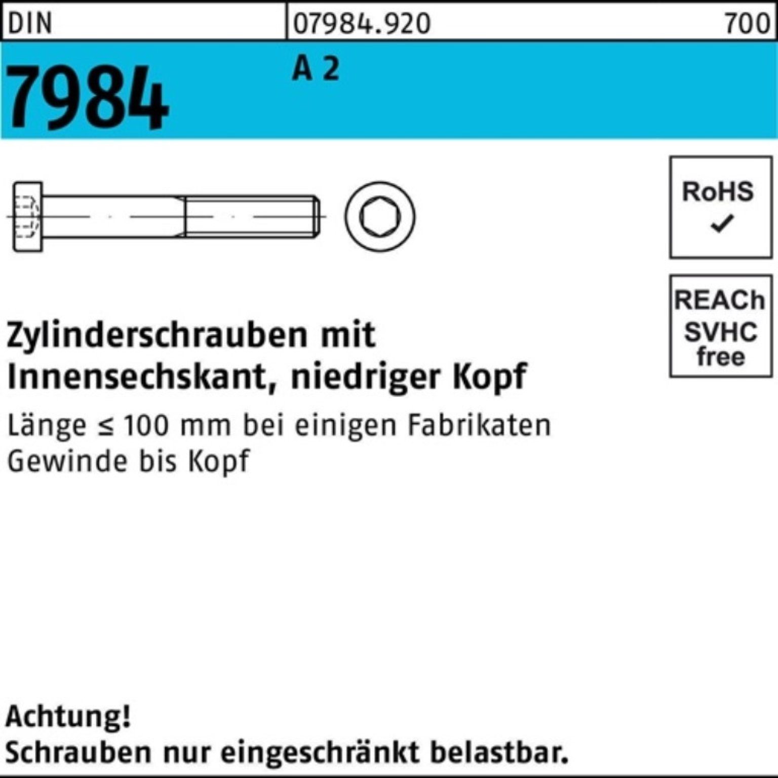 Reyher Zylinderschraube 45 100er M12x DIN Innen-6kt Pack 100 2 A 7984 Stück Zylinderschraube