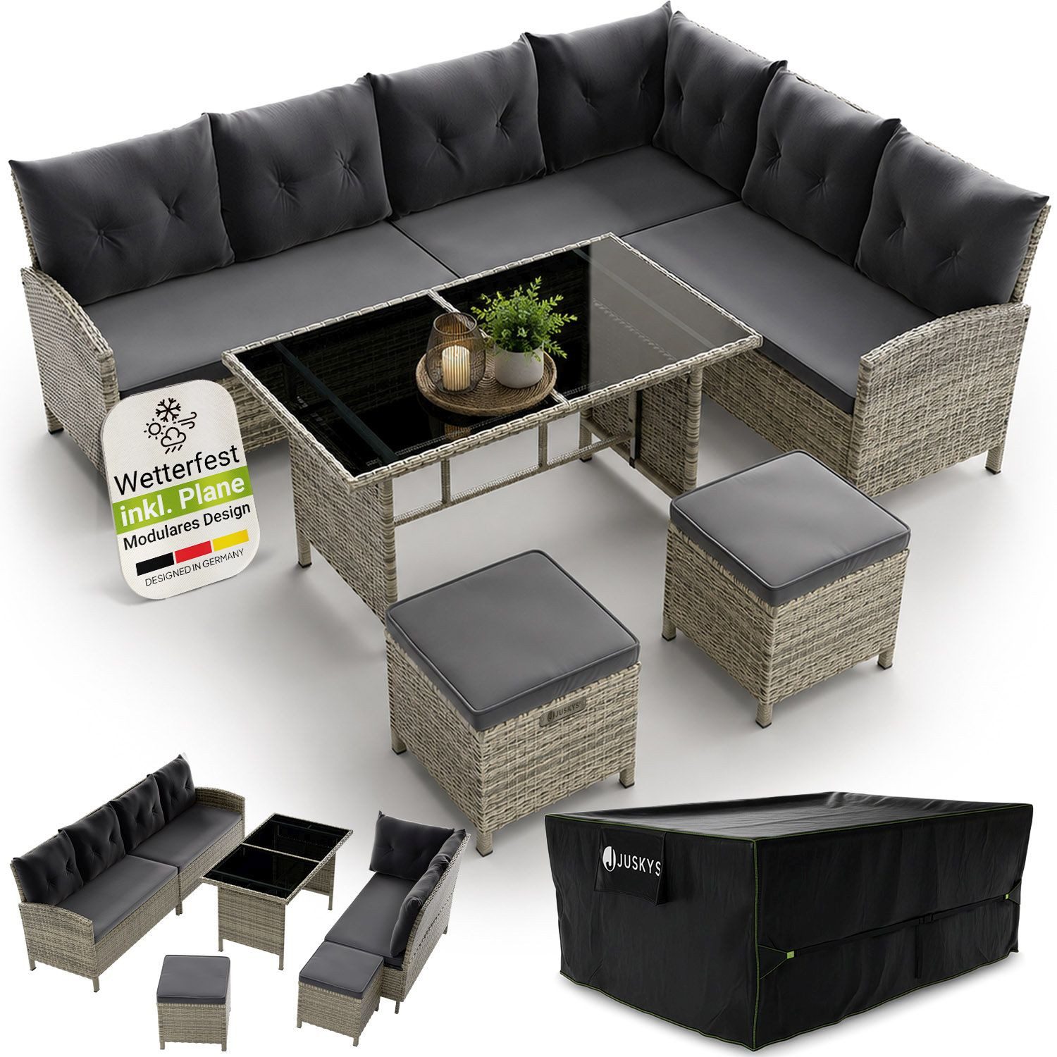 Juskys Gartenlounge-Set Manacor, (Gartenlounge), Polyrattan Gartenmöbel-Set mit Sofa, Tisch und Hocker inkl. Abdeckung