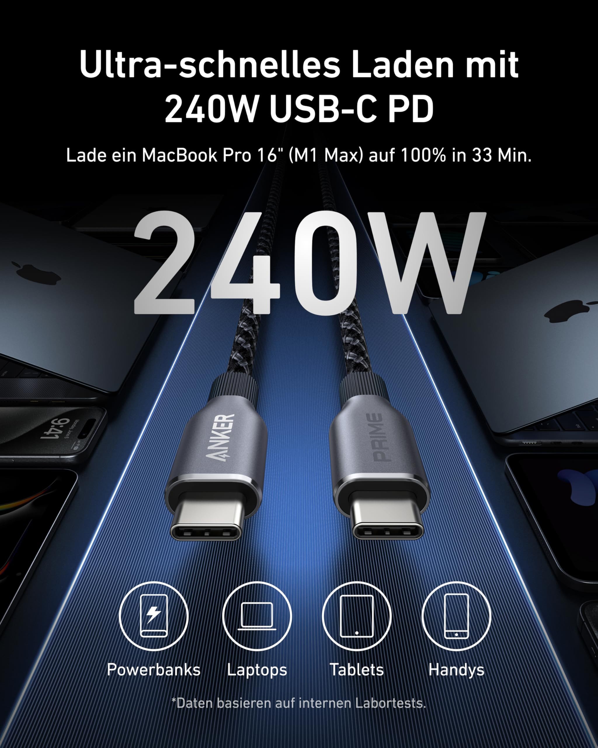 Anker A88E2012 Computer-Kabel, 240W Power Delivery, Upcycled-Flechtgewebe, 1,8m Kabellänge
