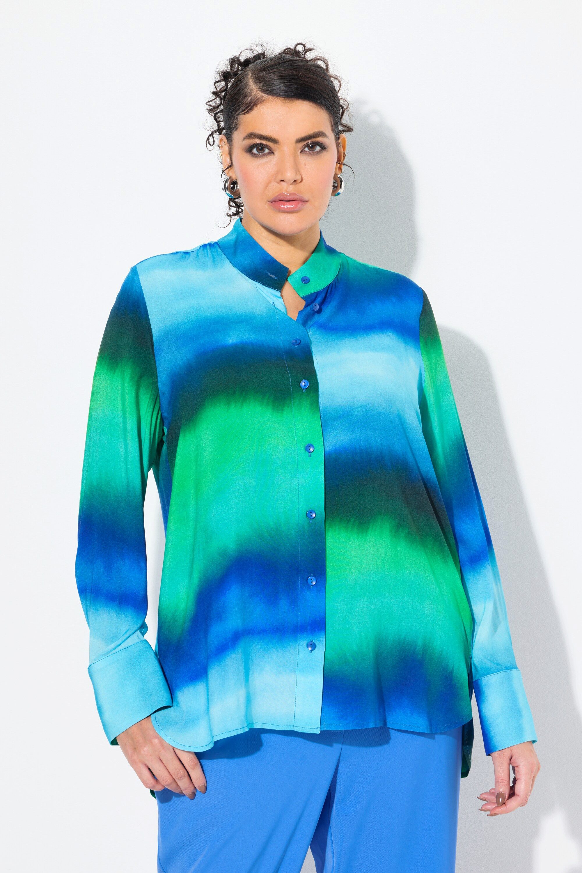 Tunika Bluse Batikdruck Oversized Stehkragen Langarm