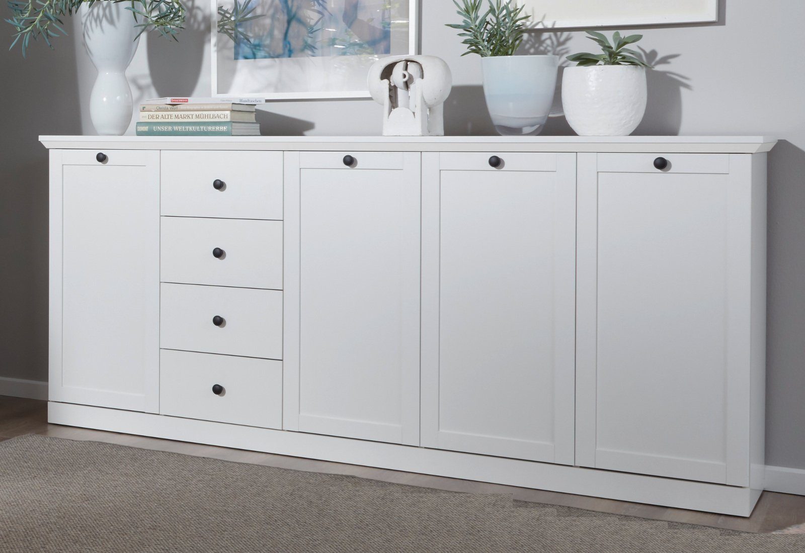 Furn.Design Sideboard Milla (Kommode in Weiß Landhaus, 4-türig, 195 x 88 cm), mit 4 Schubladen und 16 Fächern