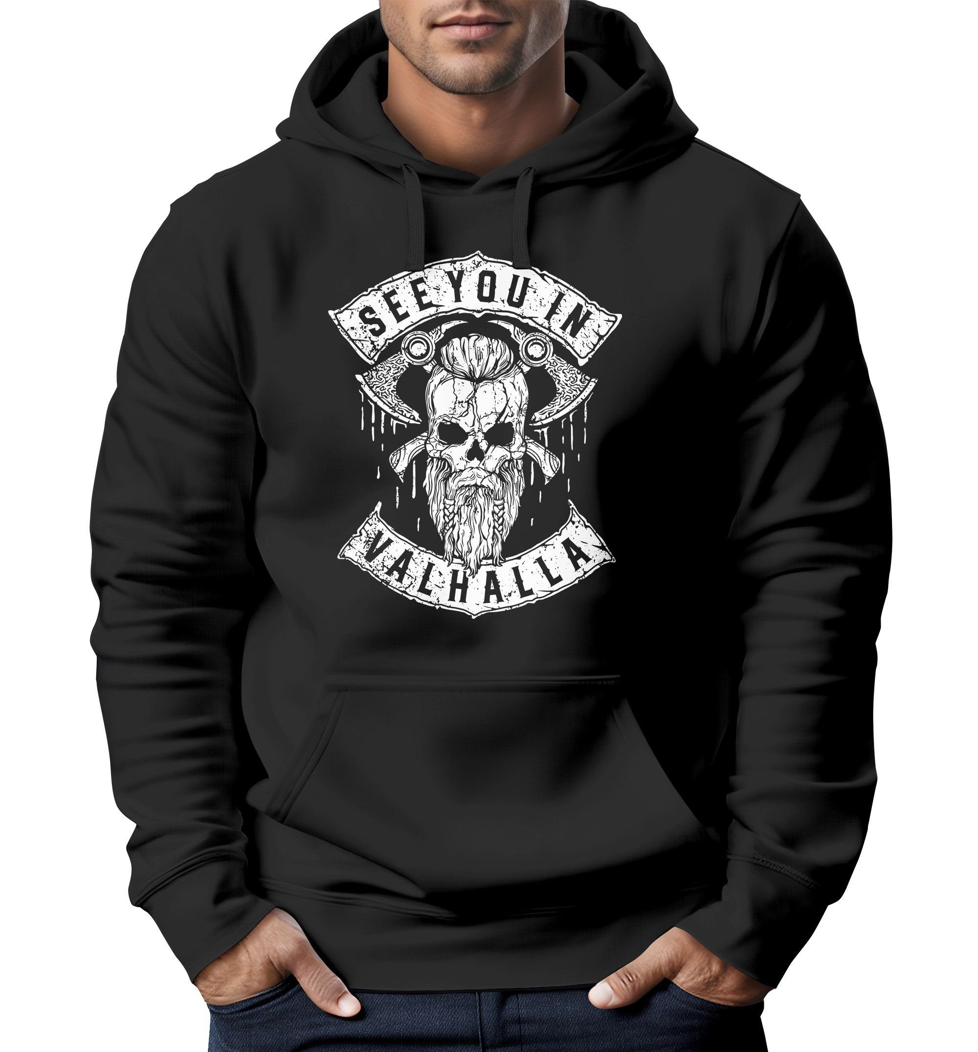 Hoodie Hoodie Herren See You in Valhalla Wikinger Totenkopf Skull Print Kap günstig online kaufen