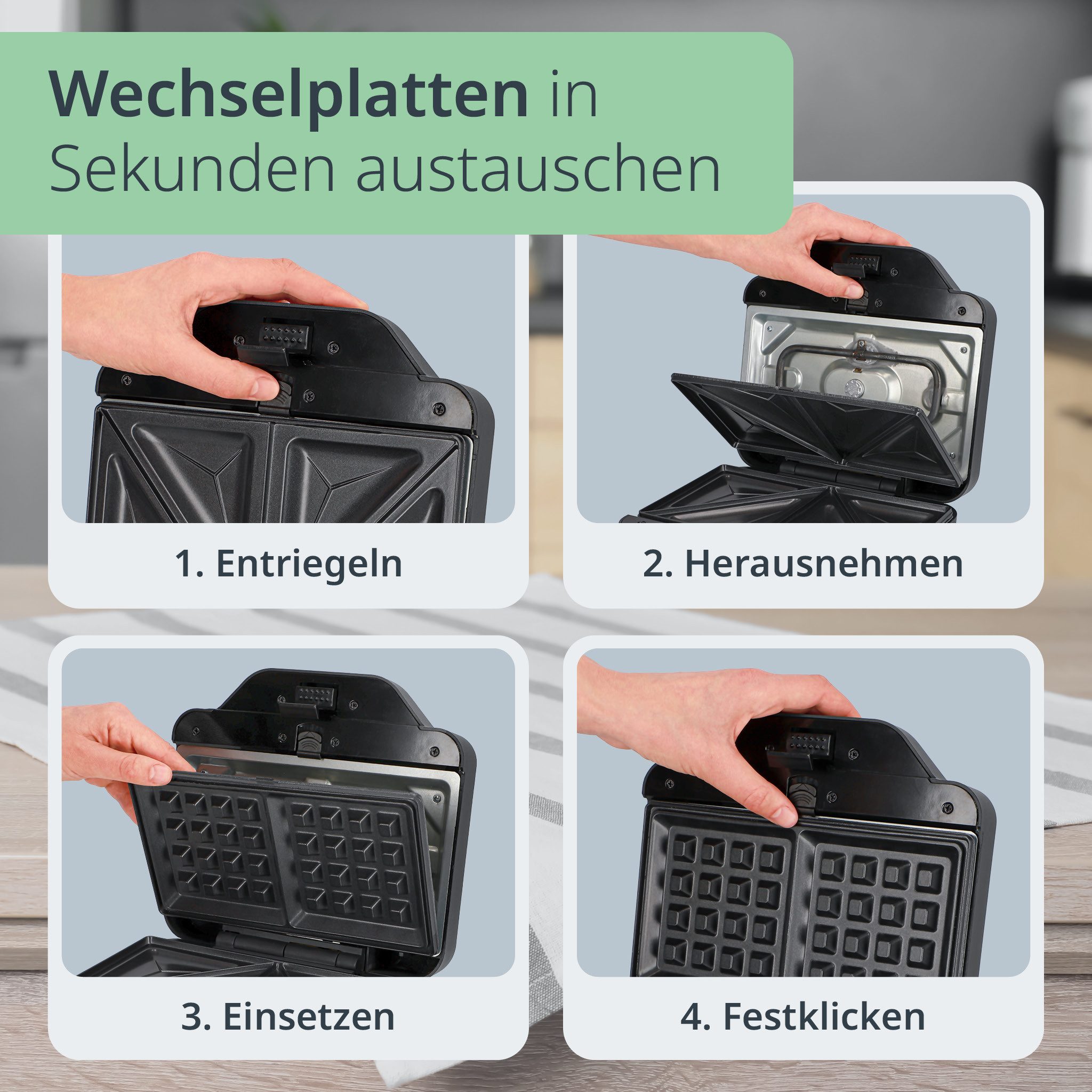 ADE 3-in-1-Sandwichmaker für Sandwiches, Waffeln, Gegrilltes, 800 W, Antihaftbeschichtung, platzsparend, Cool-Tuch-Griff, Kontrollleuchten