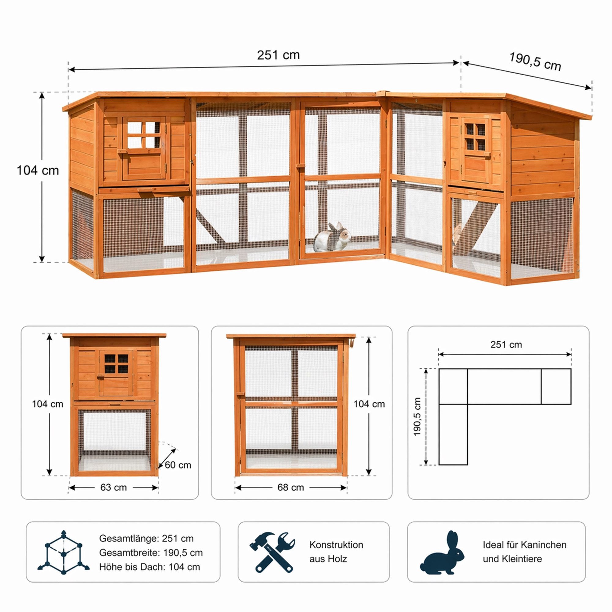 Mucola Tierhaus Hasenstall Hühnerstall Kaninchenstall Freigehege Freilauf Holz XXL, 2 Etagen