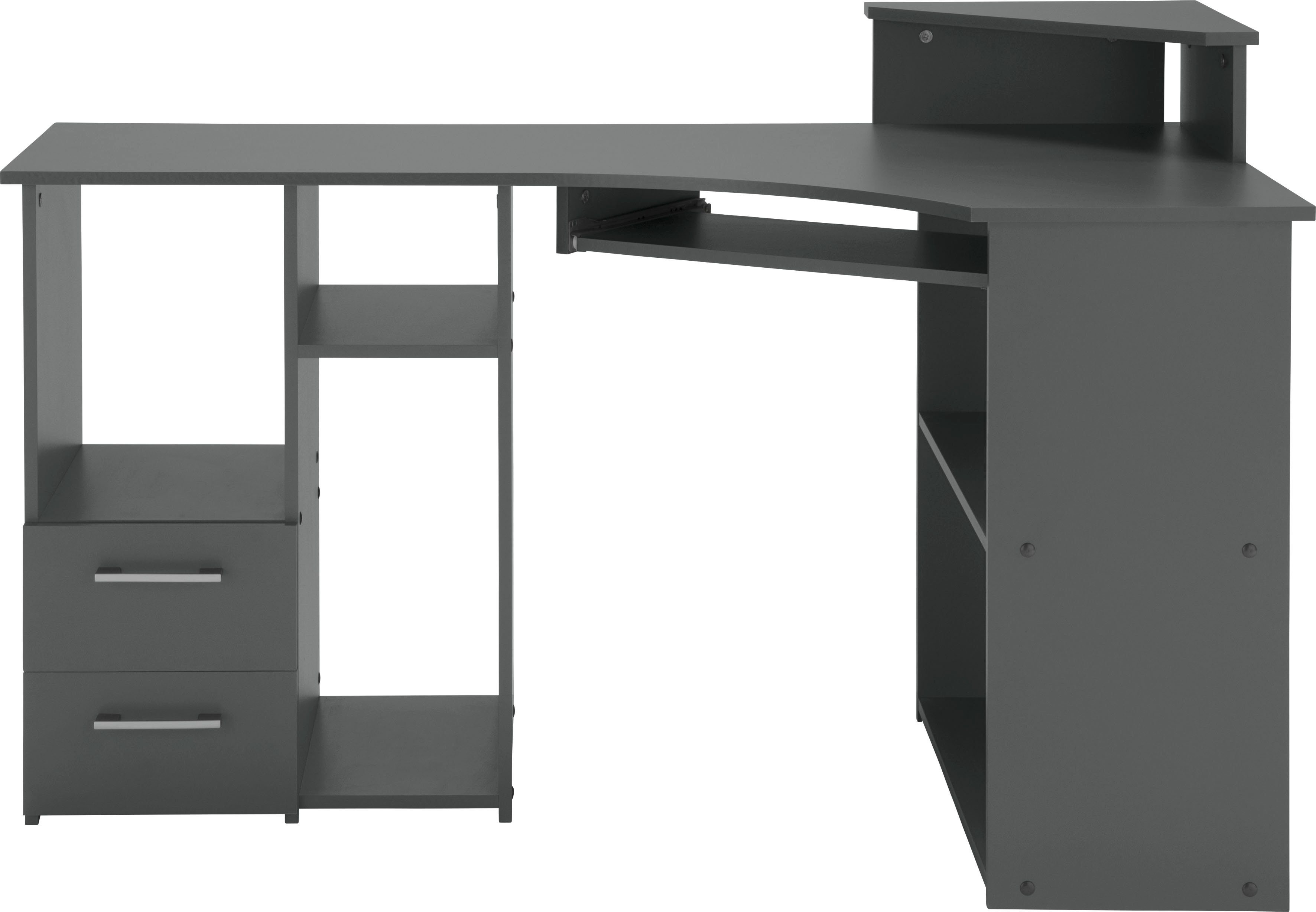 VOGL Möbelfabrik Schreibtisch Sam, Eckschreibtisch, Tastaturauszug, Monitoraufsatz & opt. Towerfach