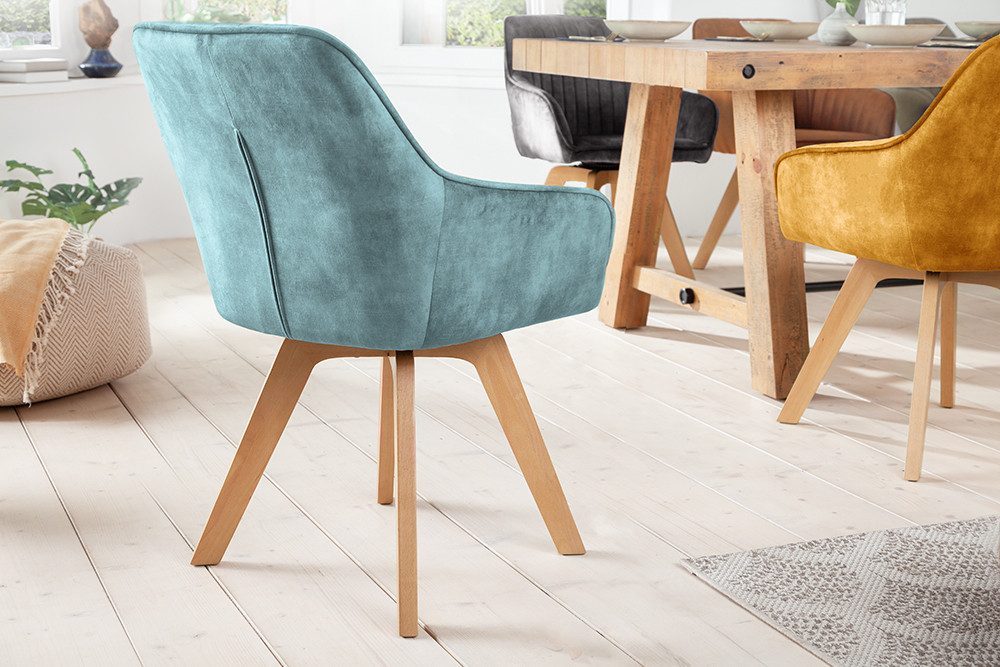 riess-ambiente Polsterstuhl LIVORNO petrol/natur – Samt, drehbar, Holz-Beine, mit Armlehne (Einzelartikel, 1 St), mit 180° Drehfunktion und Autoreturn – ideal für Dein Esszimmer