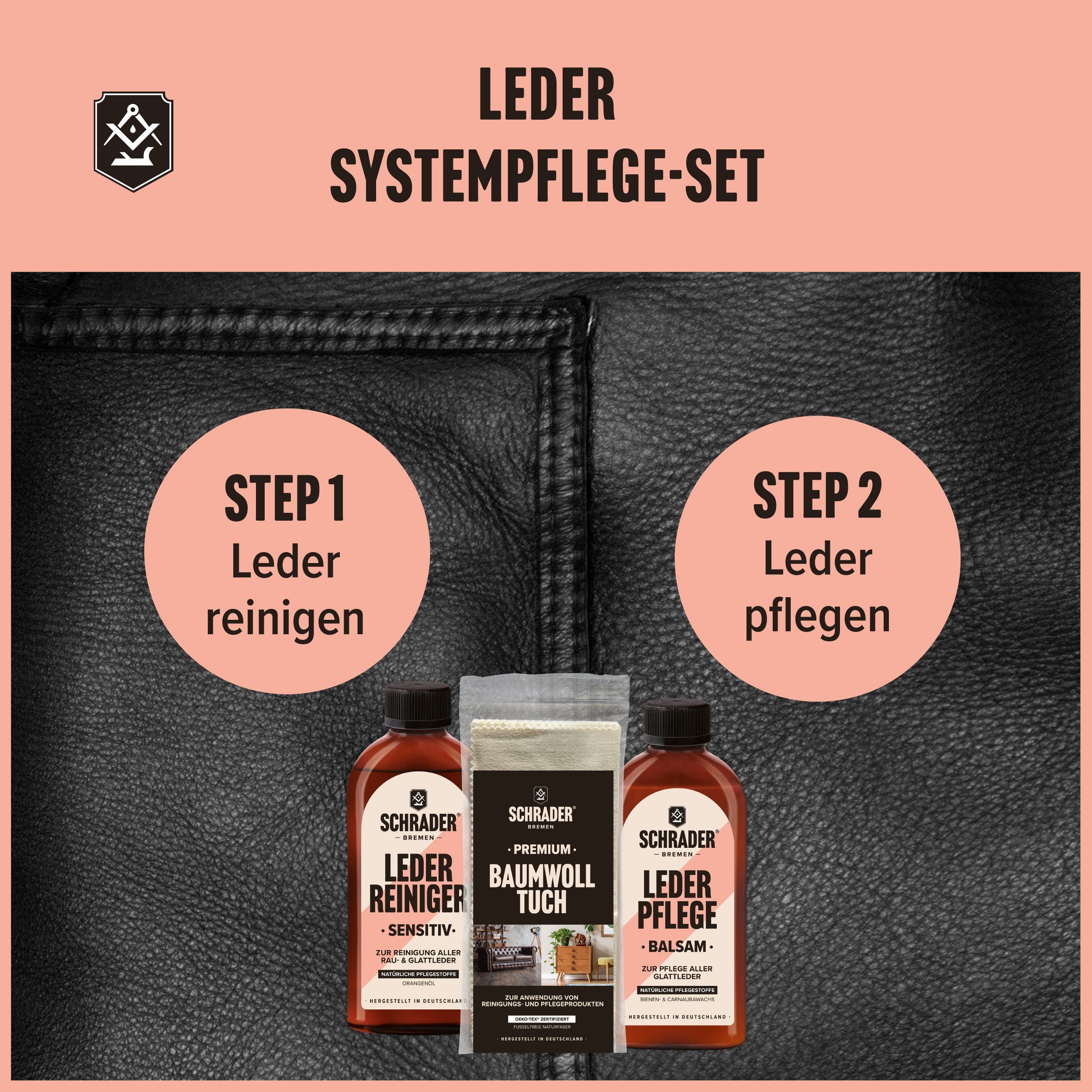 Schrader Lederpflege Set - für Ledermöbel & Lederkleidung Lederreiniger (Reiniger, Balsam und Poliertuch - Made in Germany)