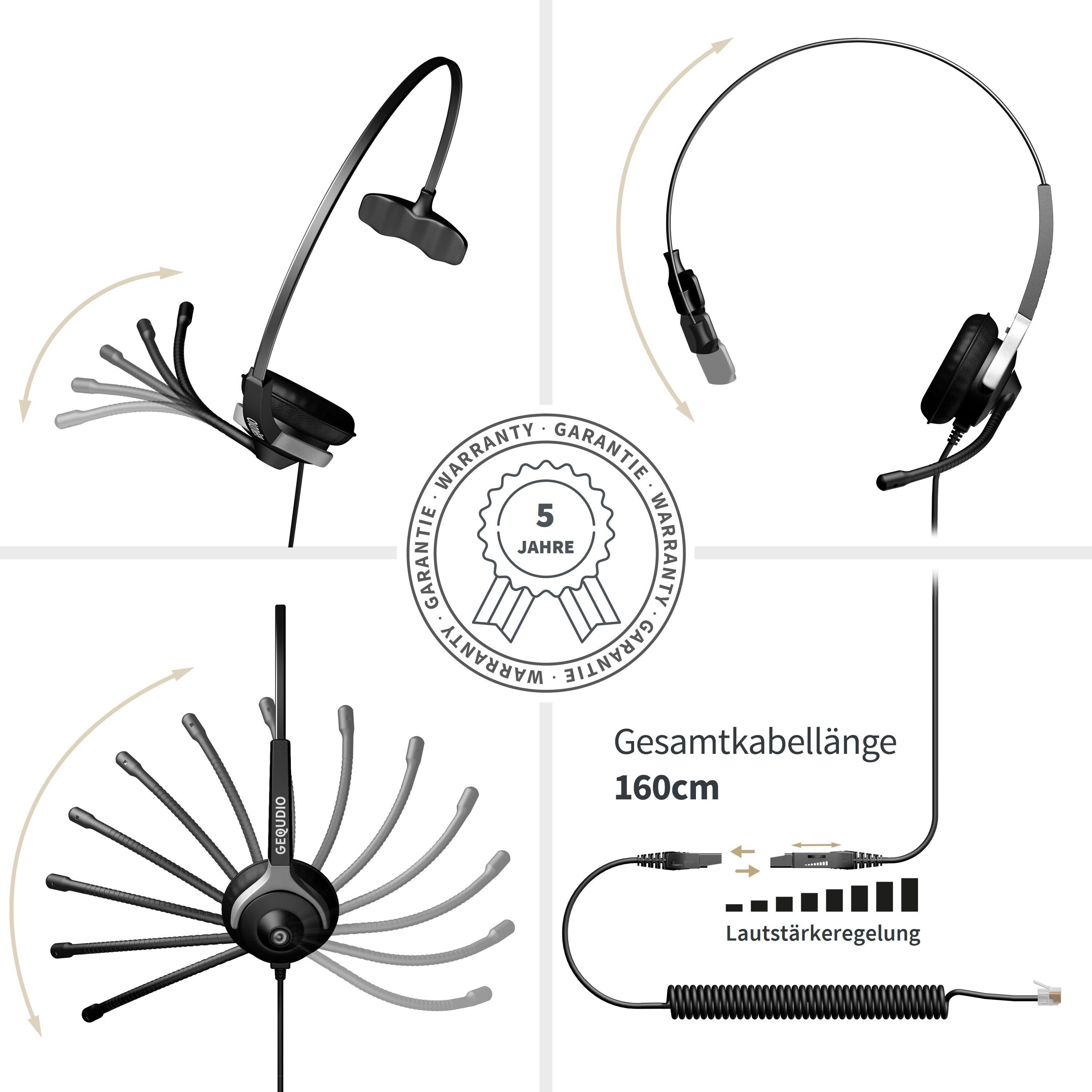 GEQUDIO für Siemens Unify Mitel Aastra innovaphone Telefone mit  RJ-Anschluss Headset (1-Ohr-Headset, 60g leicht, Bügel aus Federstahl, mit  Wechselverschluss für mehrere Endgeräte, inklusive Anschlusskabel)