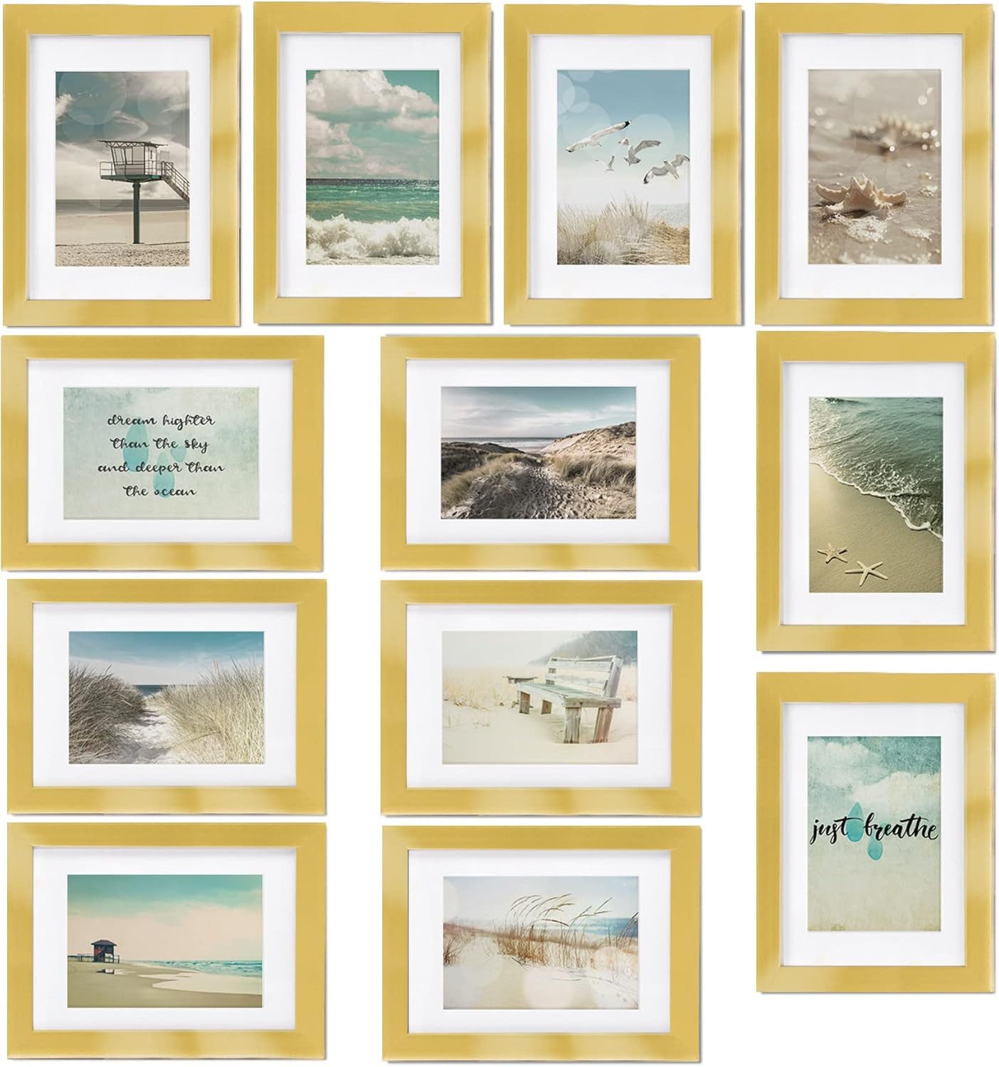 bomoe Bilderrahmen 12er Bilderrahmen Set Ocean, 13x18cm, Gold, Fotorahmen Collage für 13x18 cm Holzbilderrahmen mit Passepartout