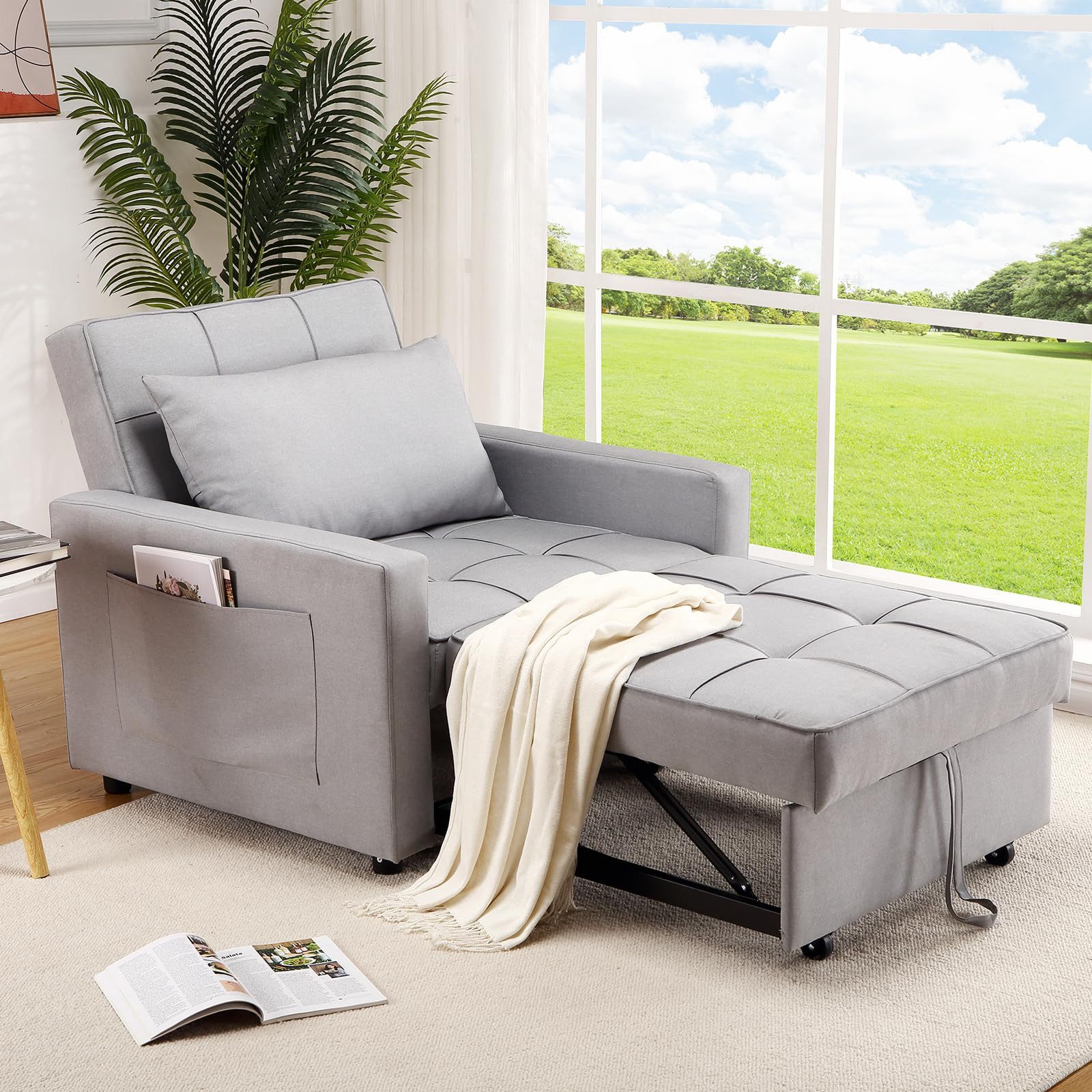 GarveeMore Schlafsofa 3-in-1 Funktionssessel aus Sperrholz & Leinenbezug, bis zu 220 kg, verwandelbar von Sofa zu Liege & Bett, Eisenrahmenkonstruktion
