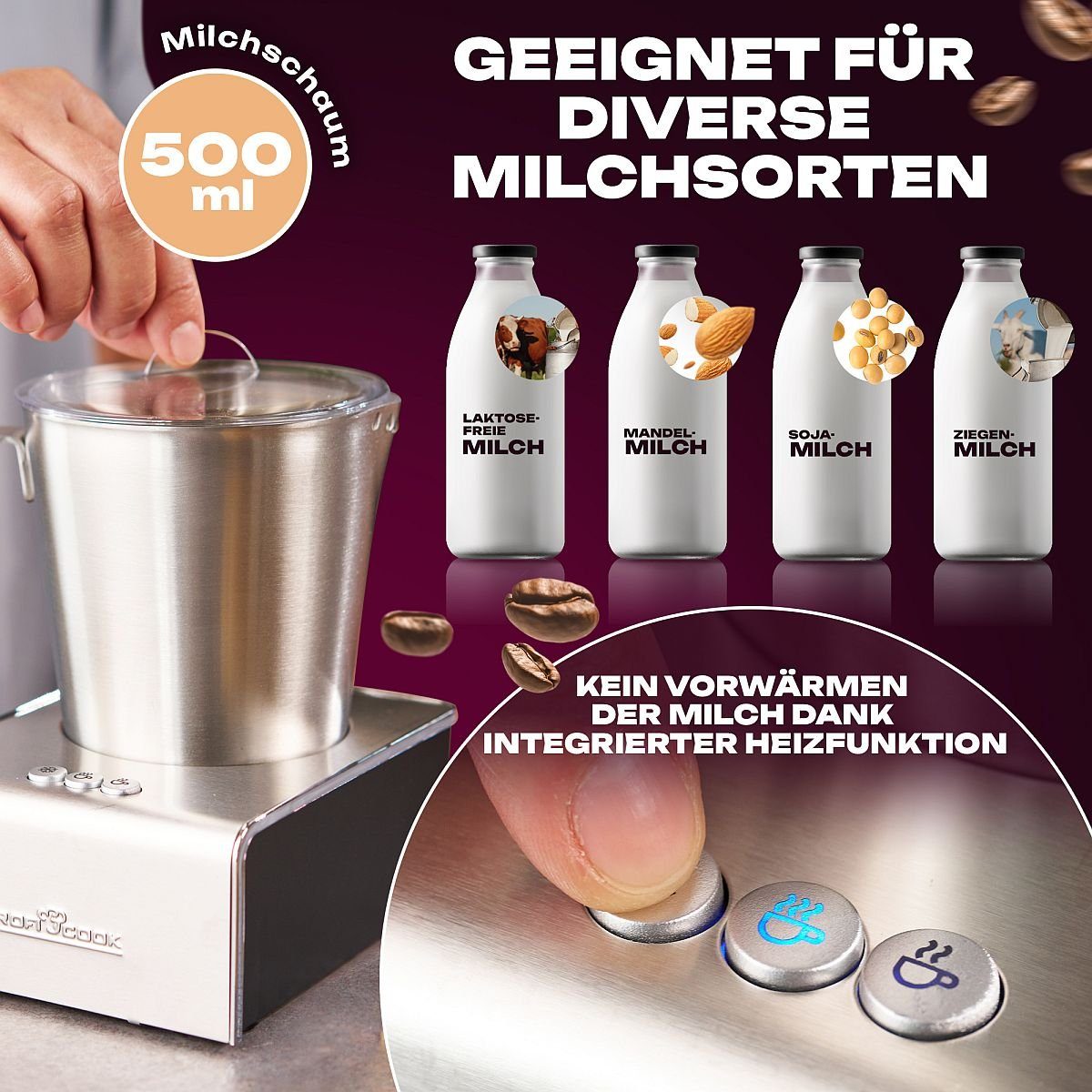 ProfiCook Milchaufschäumer PC-MS 1032, mit Heiß- und Kaltfunktion - 500ml Schaum