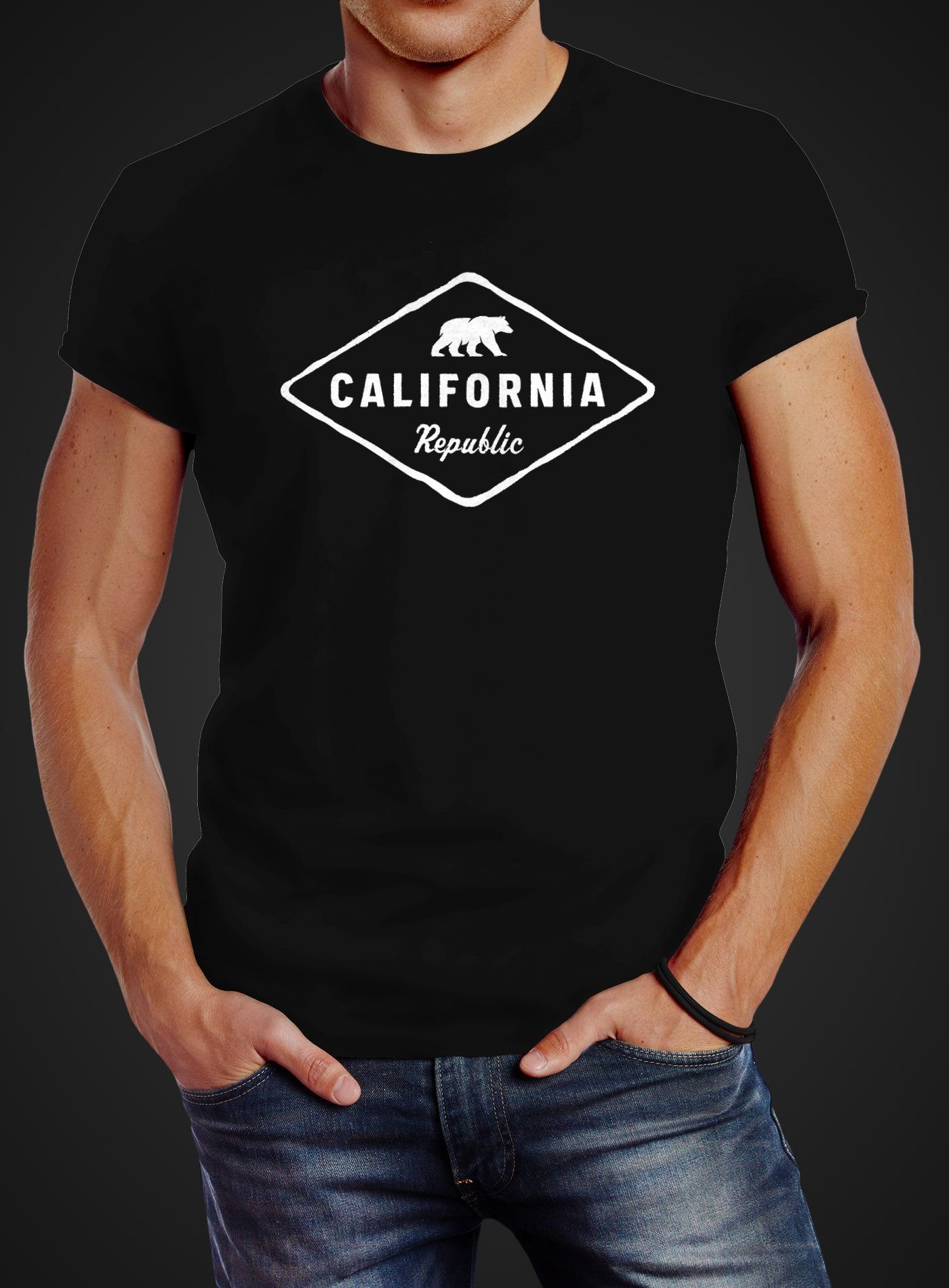 Fashion State Republic USA Badge Sunshine Bear Streetstyle T-Shirt Neverless Neverless® Print-Shirt California Print schwarz mit Herren Bär