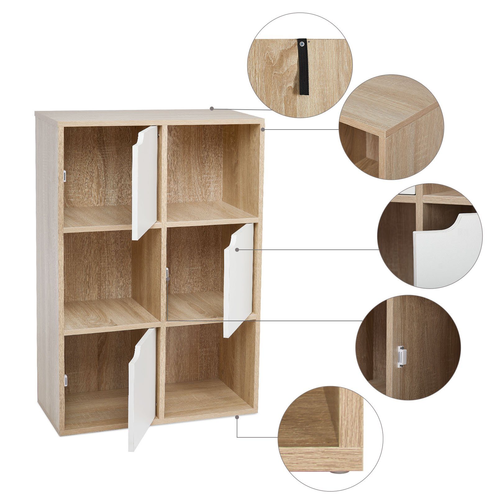 Mondeer Bücherregal Aufbewahrungsregal, Bücherschrank, Regal aus Holz, Sechs Fächer mit 3 Türen – Bild 4 von 5