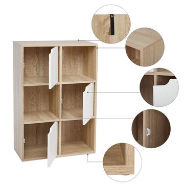 Mondeer Bücherregal Aufbewahrungsregal, Bücherschrank, Regal aus Holz, Sechs Fächer mit 3 Türen
