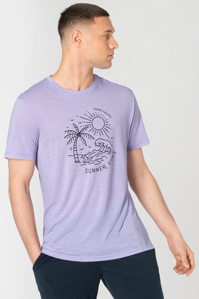SUPER.NATURAL Print-Shirt Merino T-Shirt M SUMMER VIBES TEE formstabiler Merino-Materialmix Lavender/Jet Black