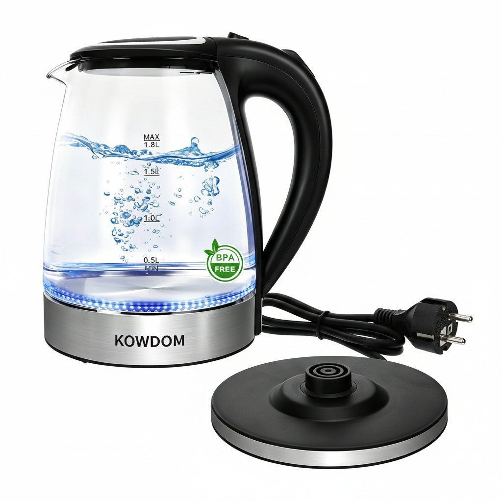 kowdom Wasserkocher Wasserkocher Glas 1,8L 2200W BPA-frei LED automatische Abschaltung, 2200 W, Borosilikatglas, BPA-frei, automatische Abschaltung, 2200W