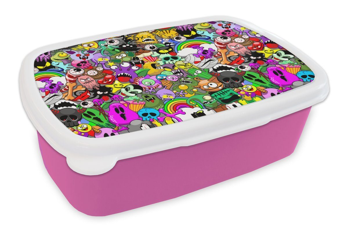 MuchoWow Lunchbox Teenager - Monster - Kritzeln - Muster, Kunststoff, (2-tlg), Brotbox für Erwachsene, Brotdose Kinder, Snackbox, Mädchen, Kunststoff rosa